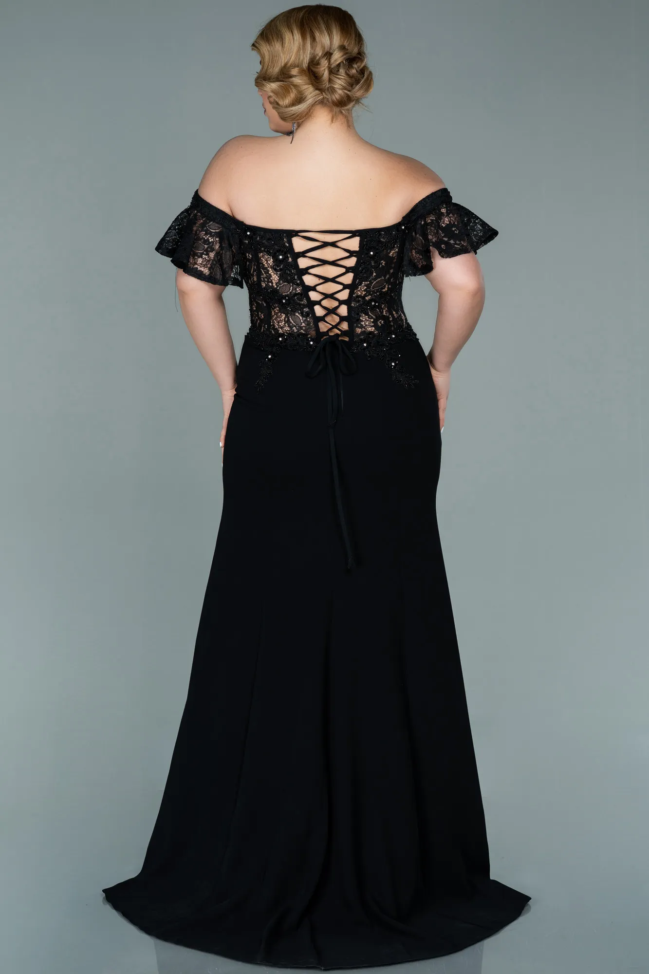 Black-Long Dantelle Oversized Evening Dress ABU2248