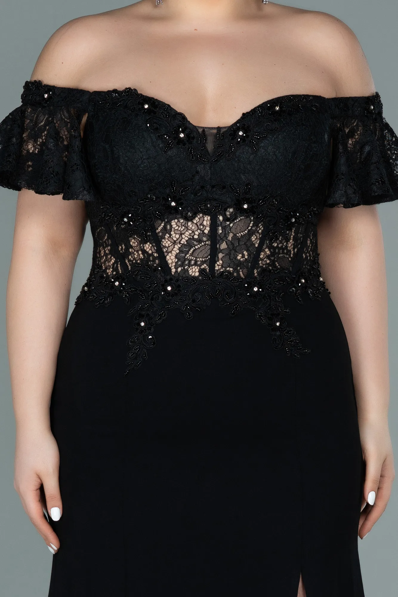 Black-Long Dantelle Oversized Evening Dress ABU2248