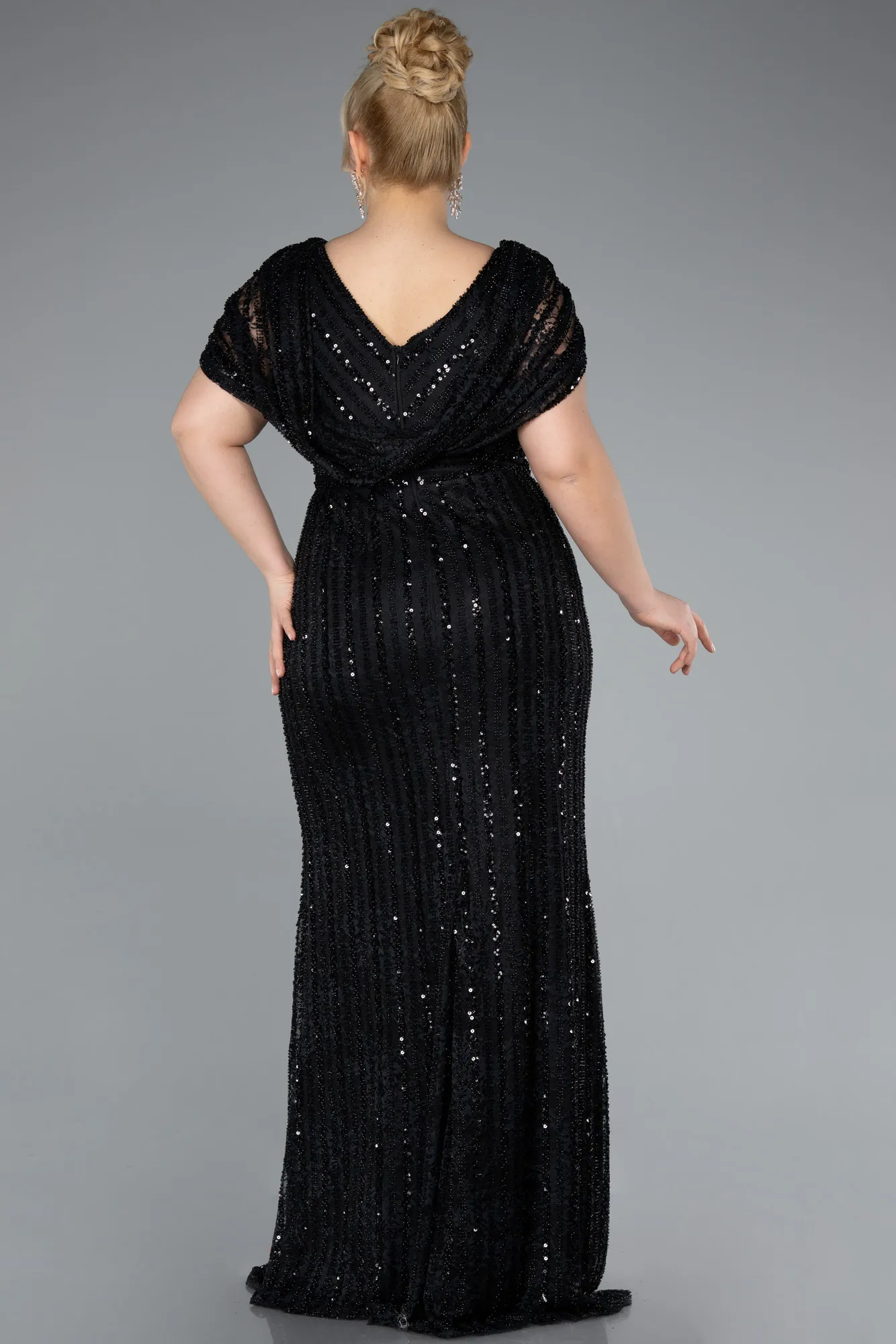 Black-Long Dantelle Plus Size Engagement Dress ABU4948