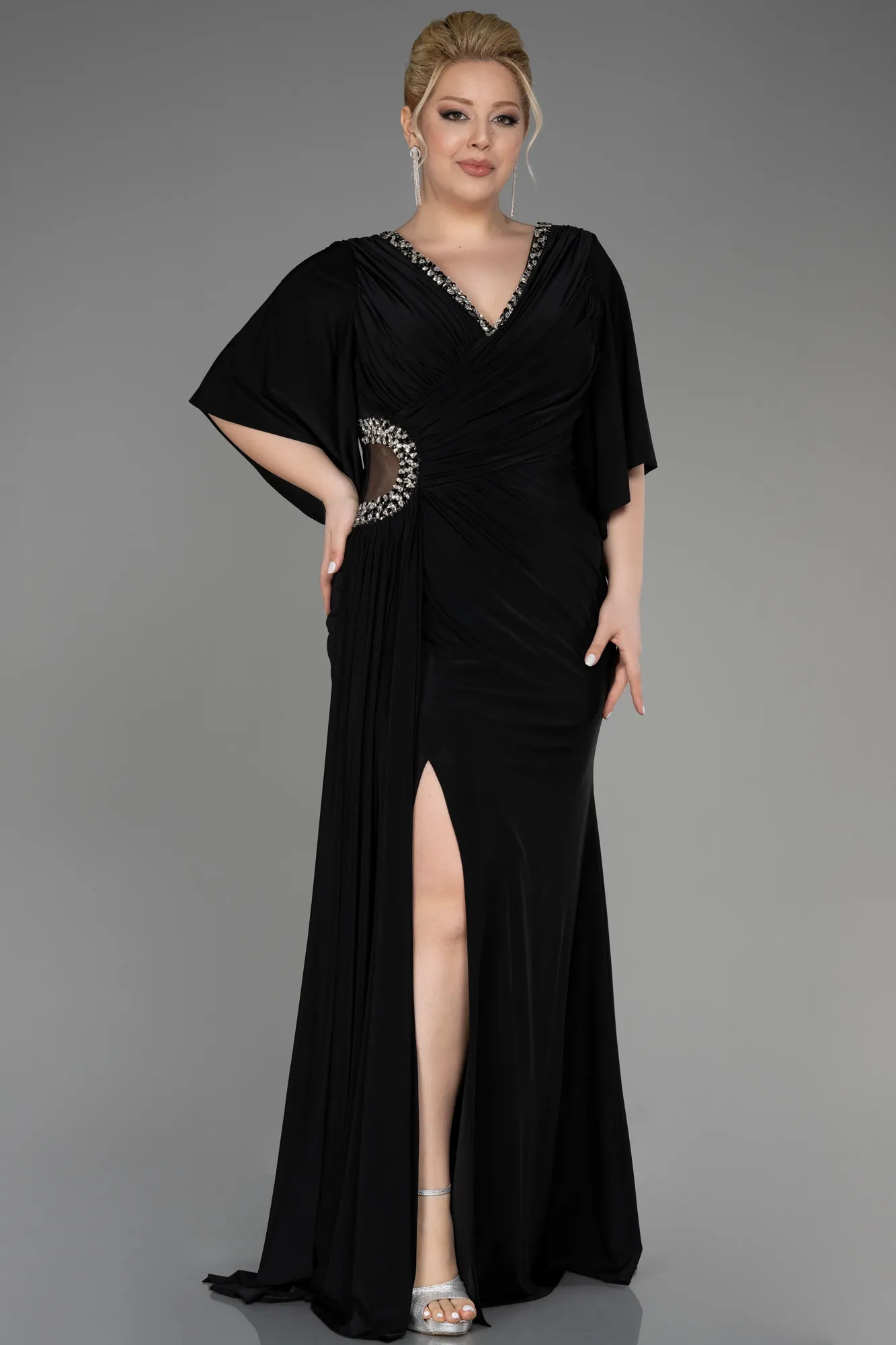 Black-Short Sleeve Slit Long Plus Size Evening Dress ABU3735