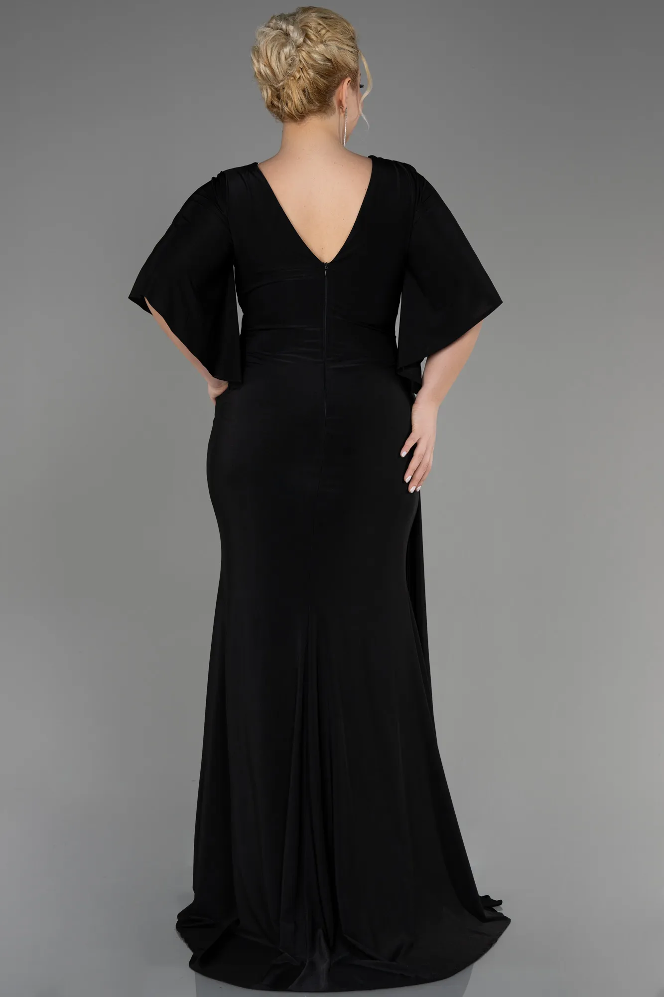 Black-Short Sleeve Slit Long Plus Size Evening Dress ABU3735