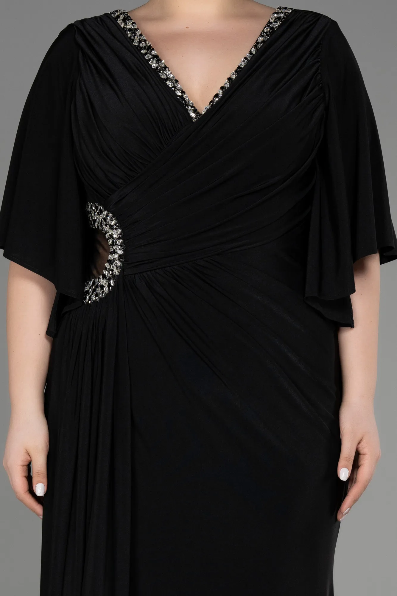 Black-Short Sleeve Slit Long Plus Size Evening Dress ABU3735