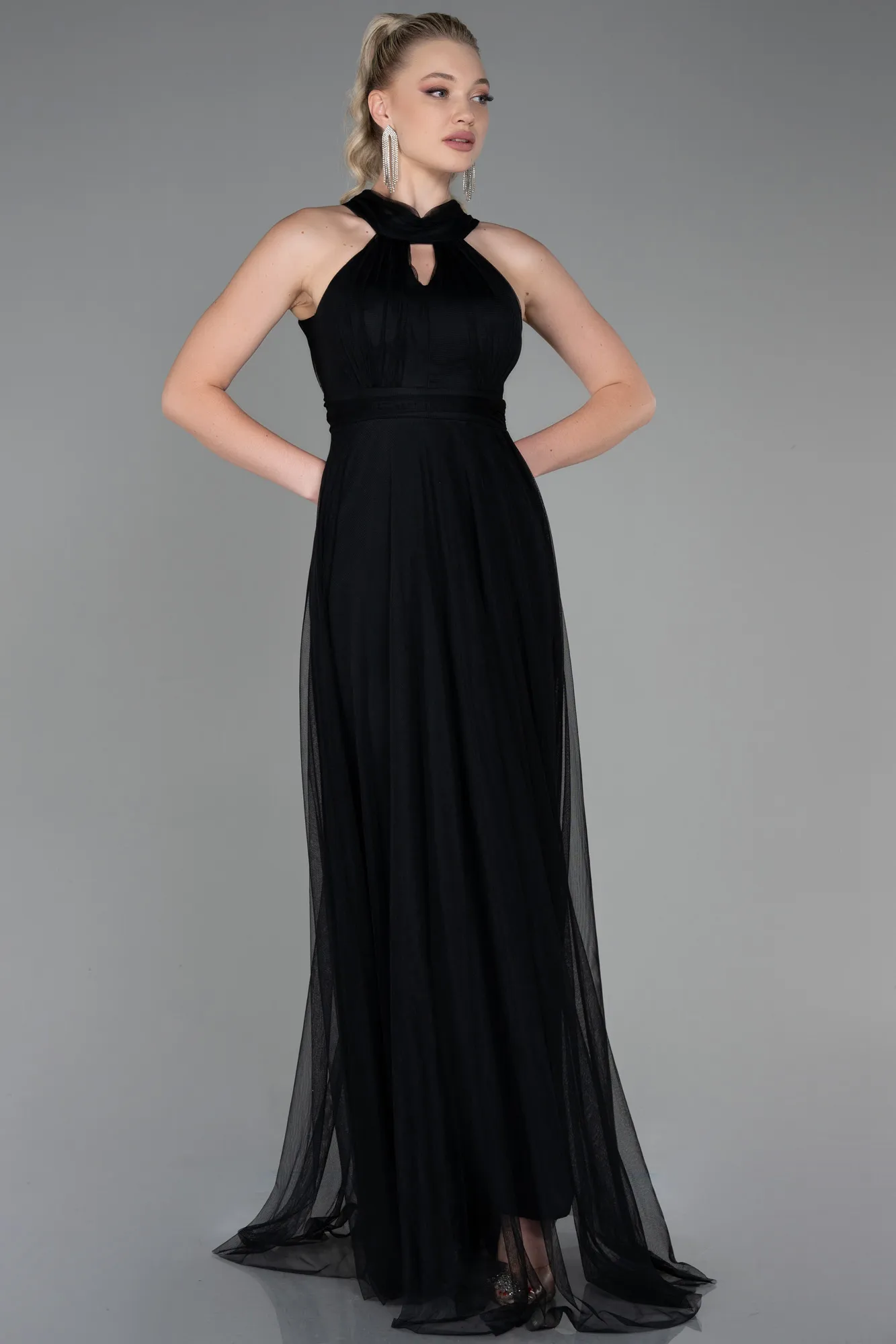 Black-Halter Neck Long Graduation Prom Dress ABU3252