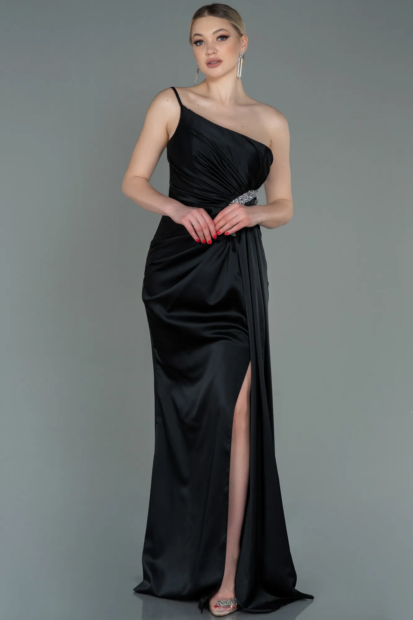 Black-Long Satin Engagement Dress ABU3088