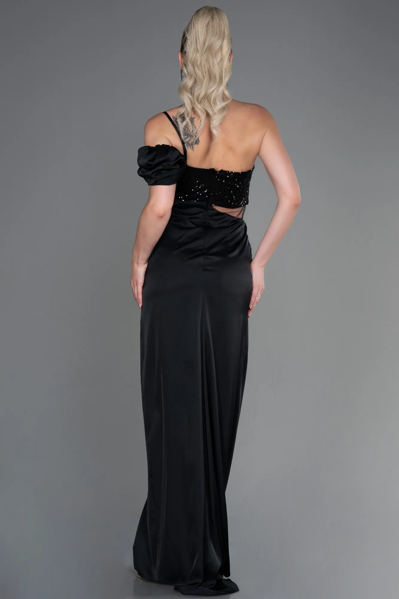 Black-Long Satin Engagement Dress ABU3250