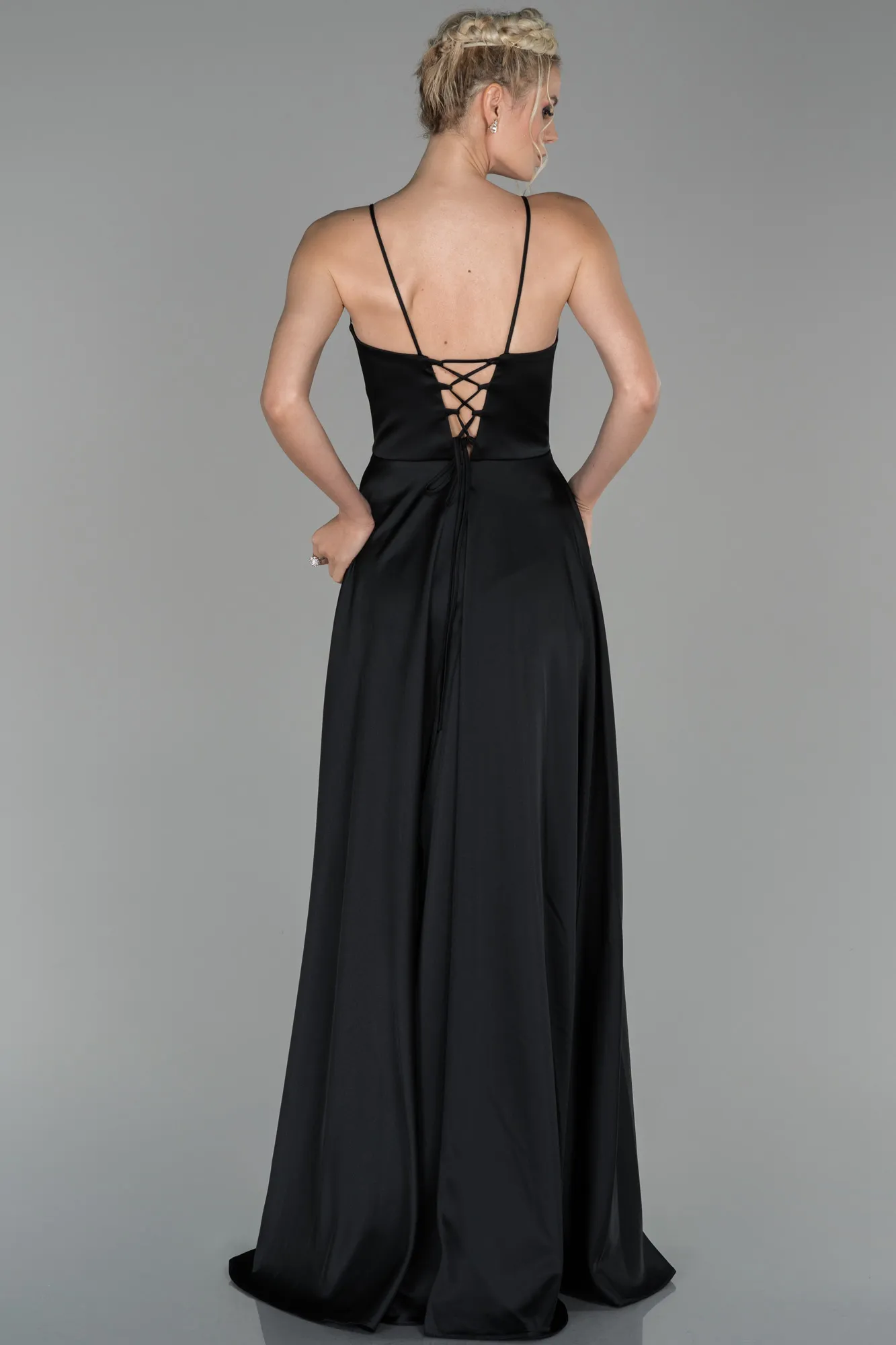 Black-Long Satin Evening Dress ABU1458