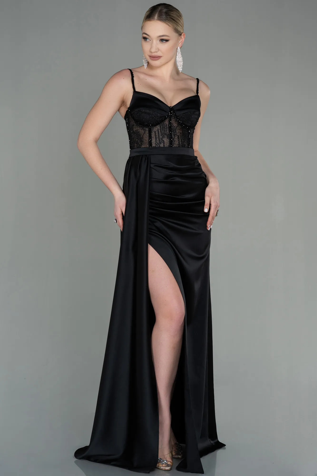 Black-Long Satin Evening Dress ABU2130
