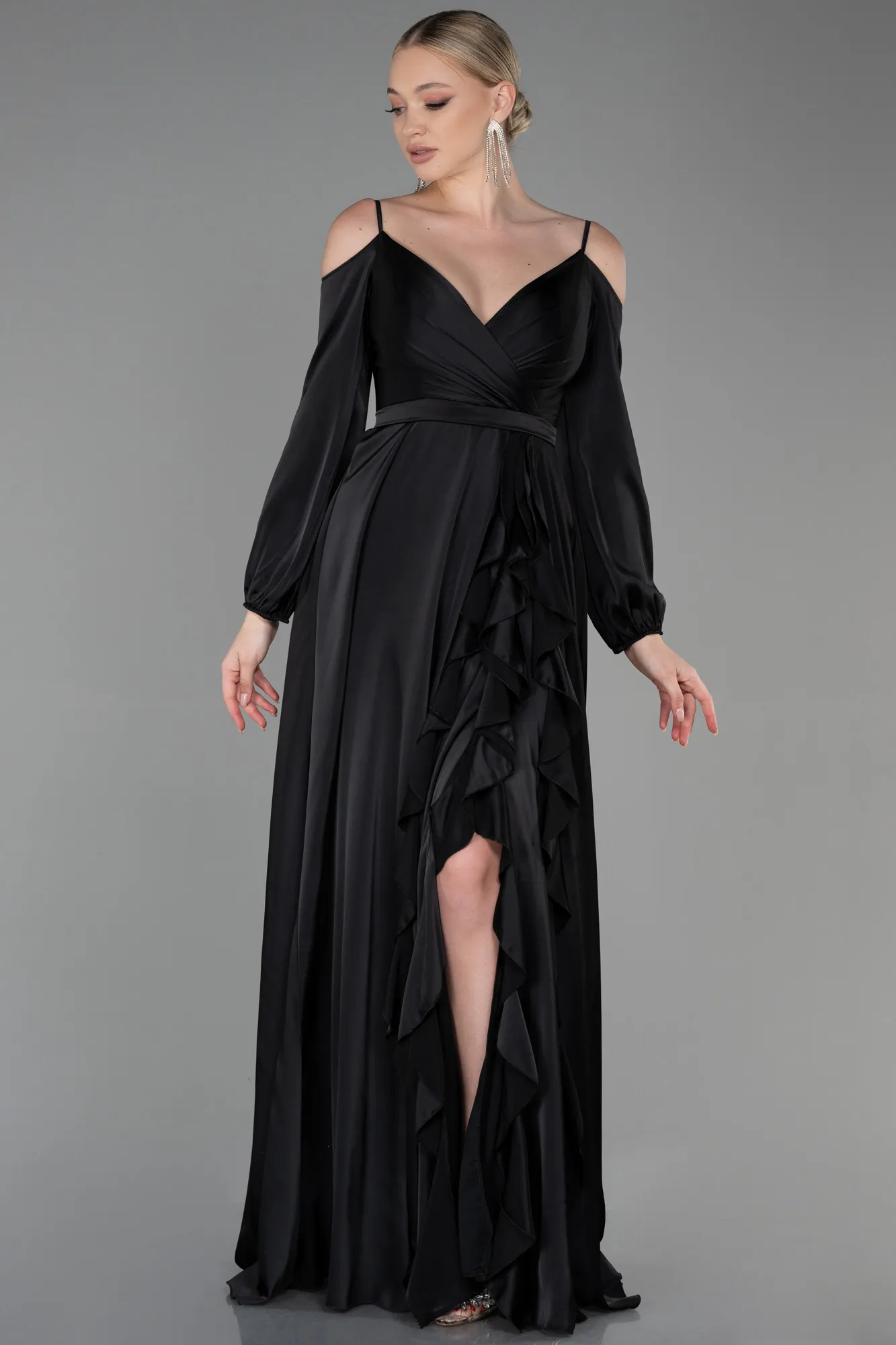 Black-Long Satin Evening Dress ABU2339