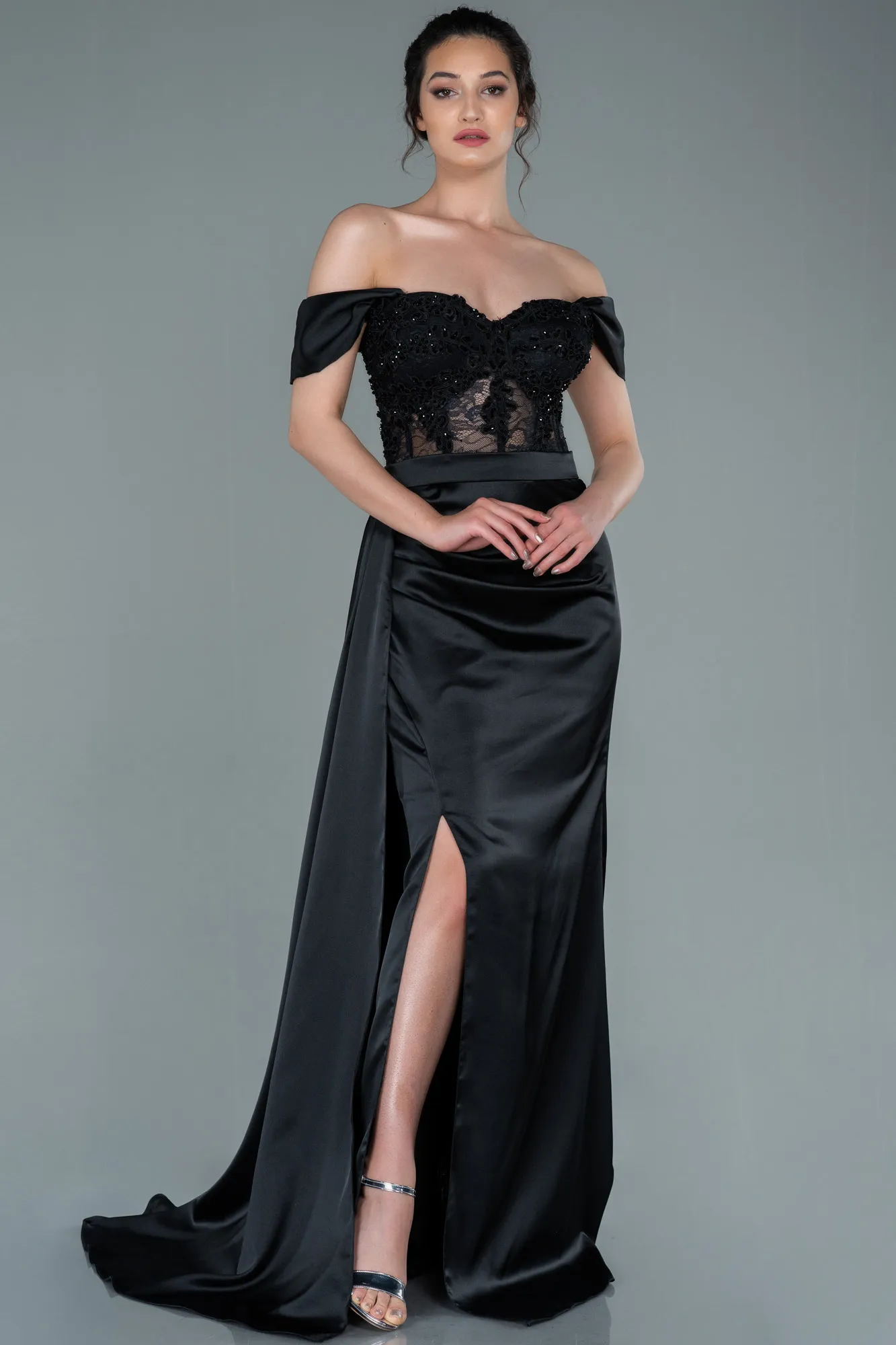 Black-Long Satin Evening Dress ABU2374
