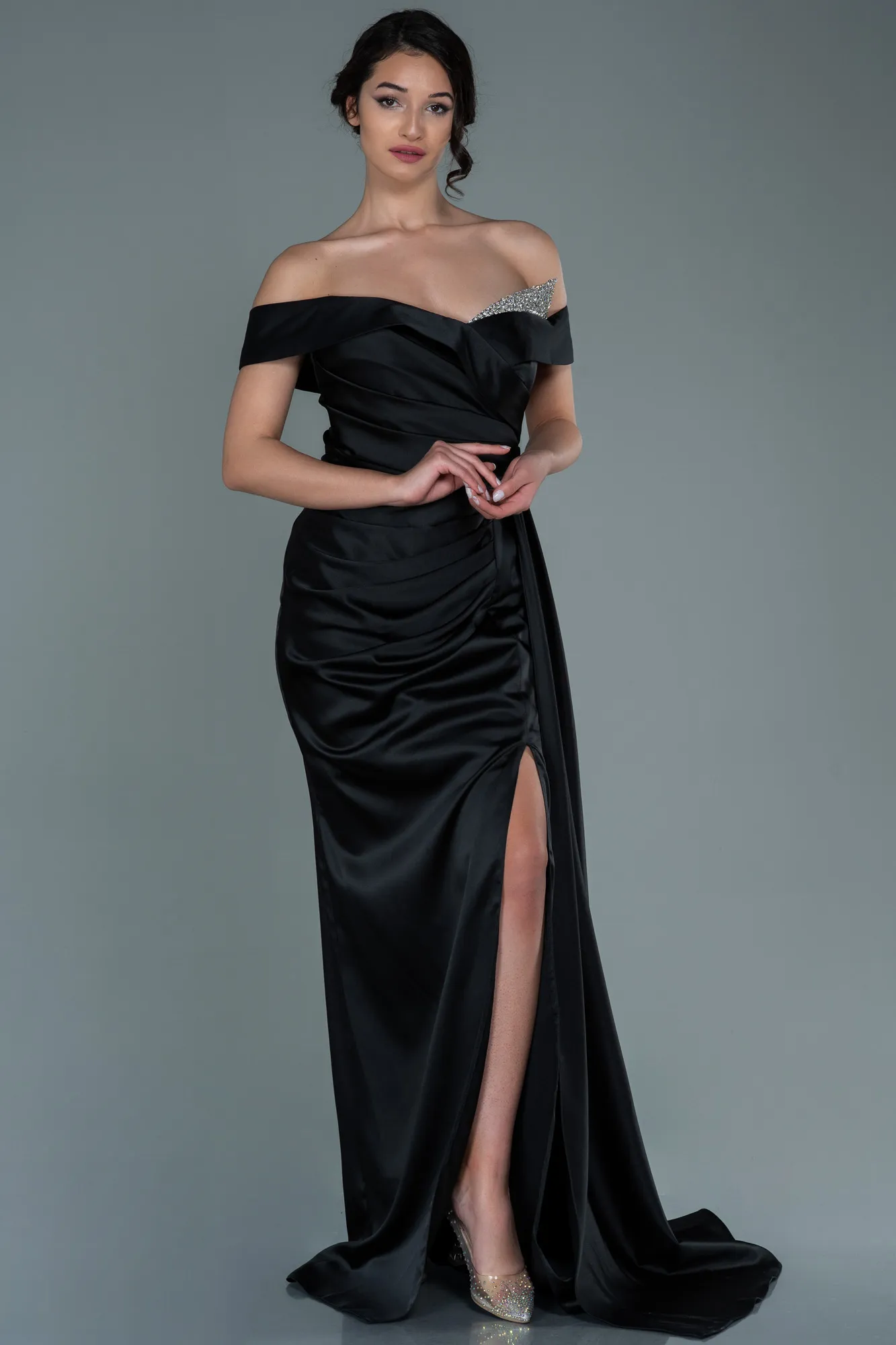 Black-Long Satin Evening Dress ABU2560