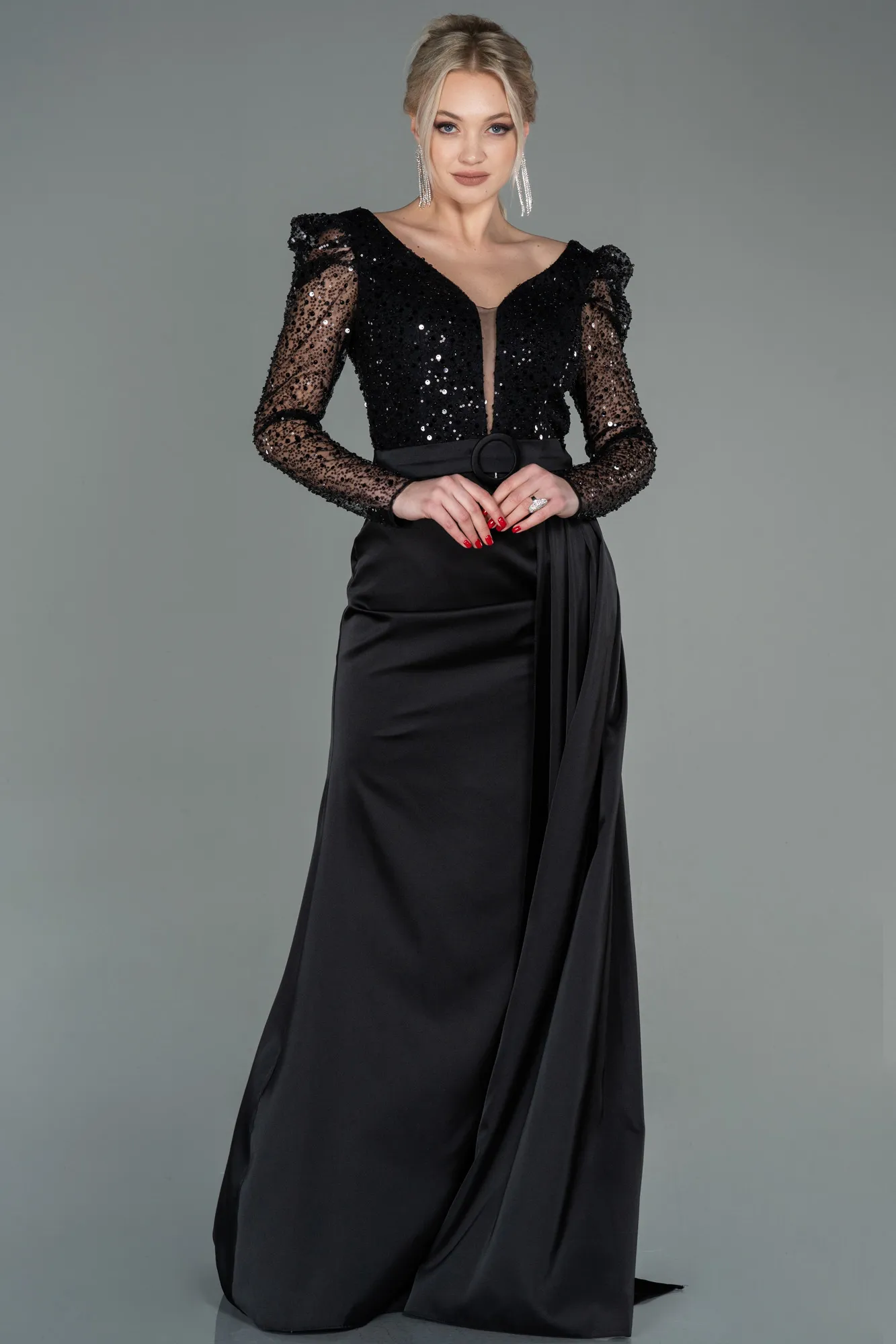 Black-Long Satin Evening Dress ABU2767