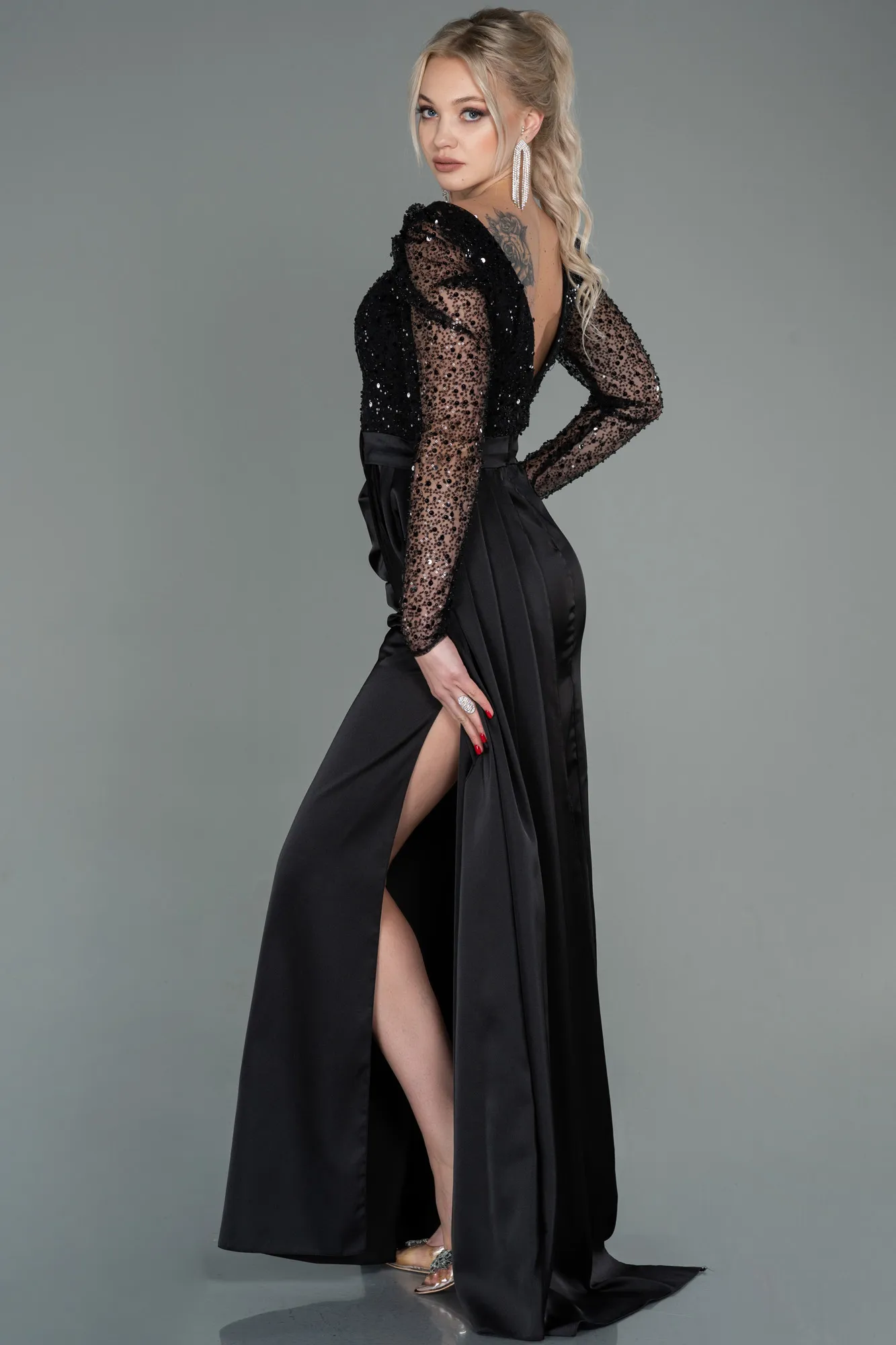 Black-Long Satin Evening Dress ABU2767