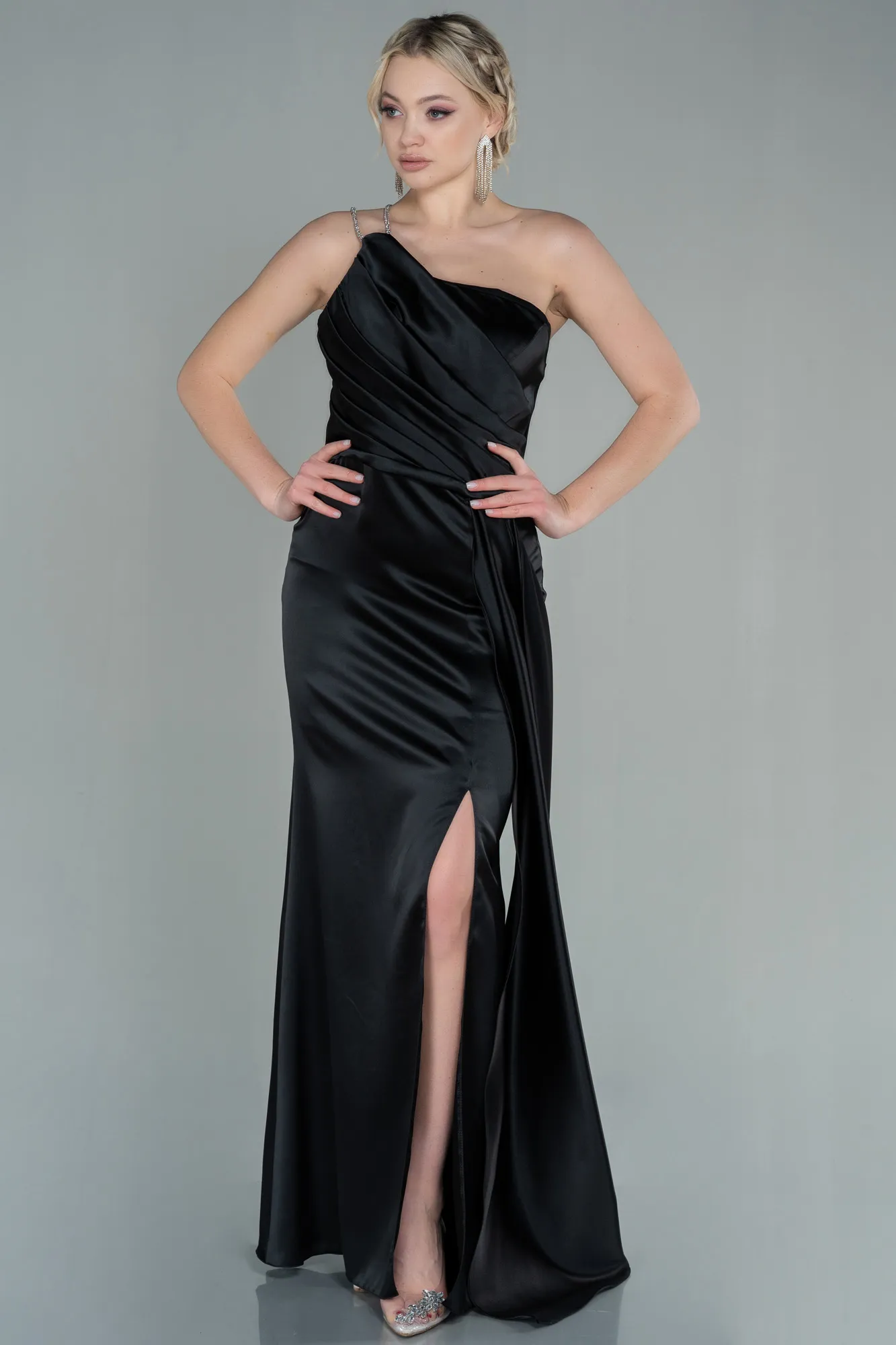 Black-Long Satin Evening Dress ABU2817