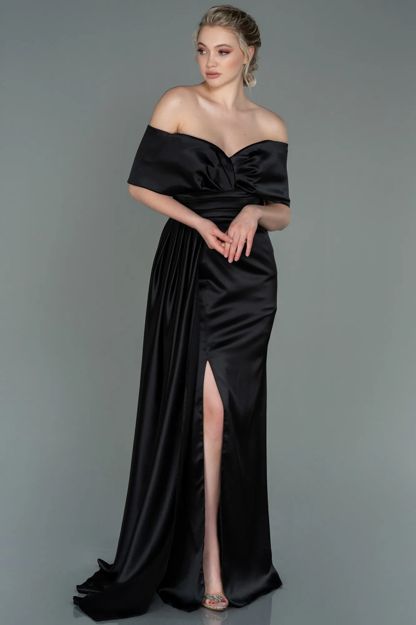 Black-Long Satin Evening Dress ABU2893