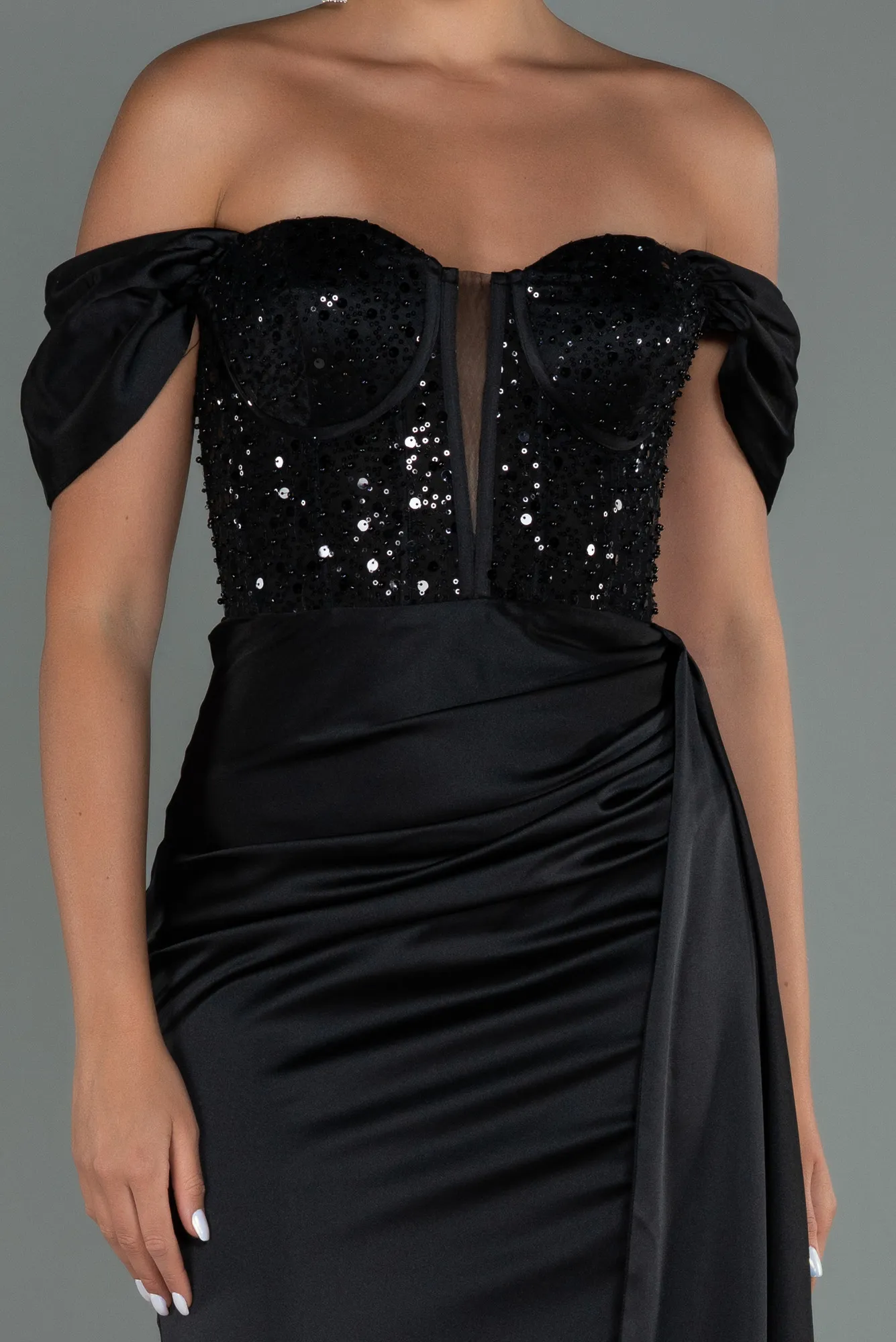 Black-Long Satin Evening Dress ABU3100