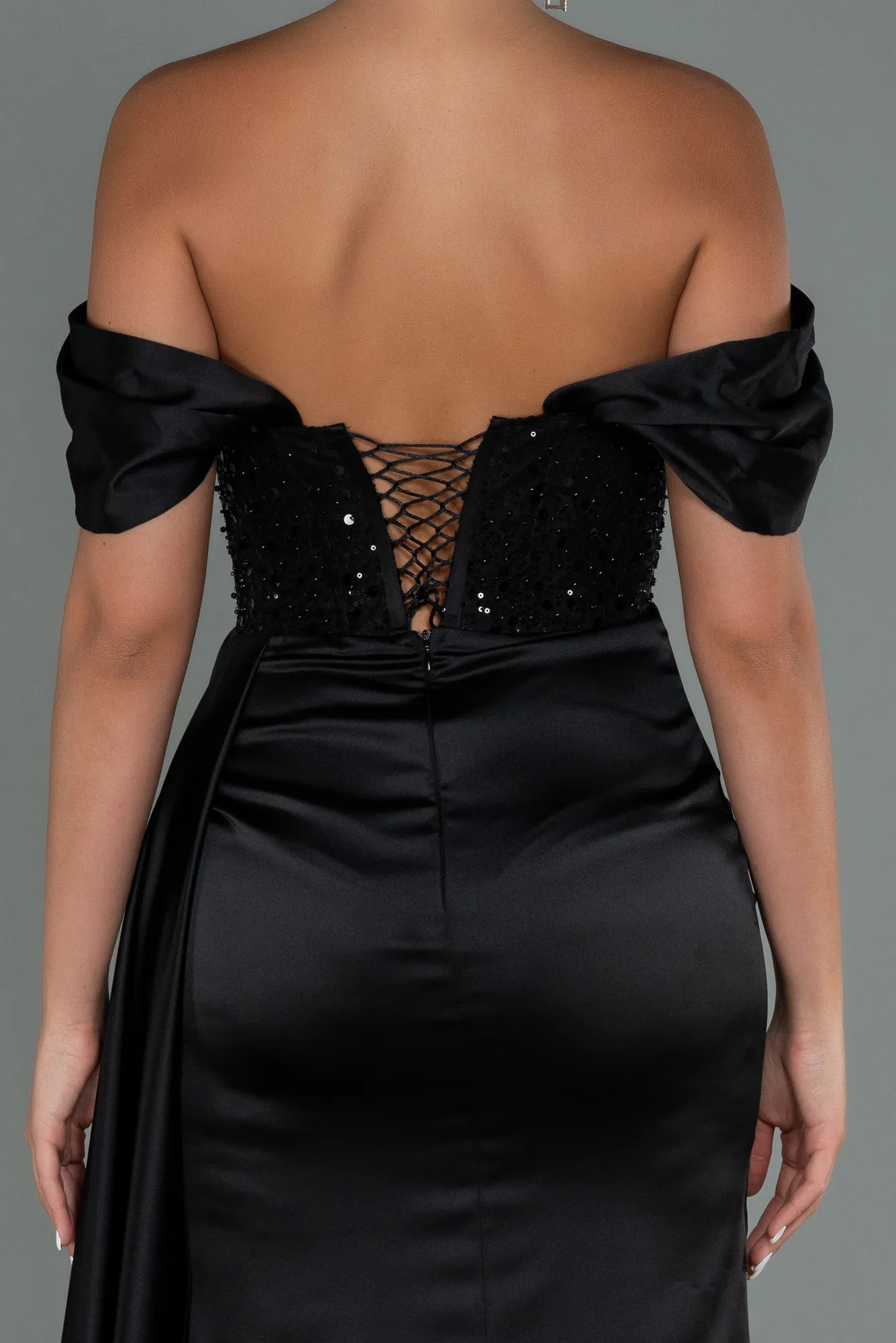 Black-Long Satin Evening Dress ABU3100