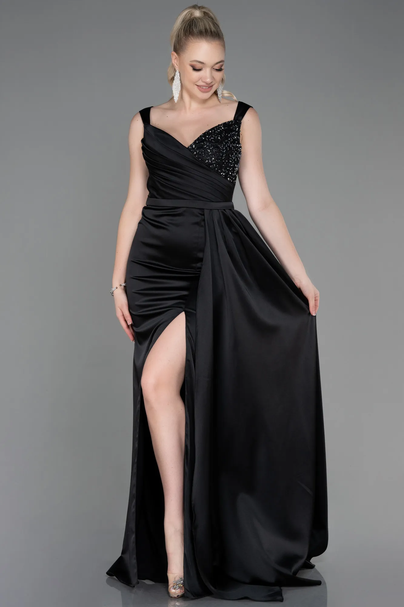 Black-Long Satin Evening Dress ABU3235