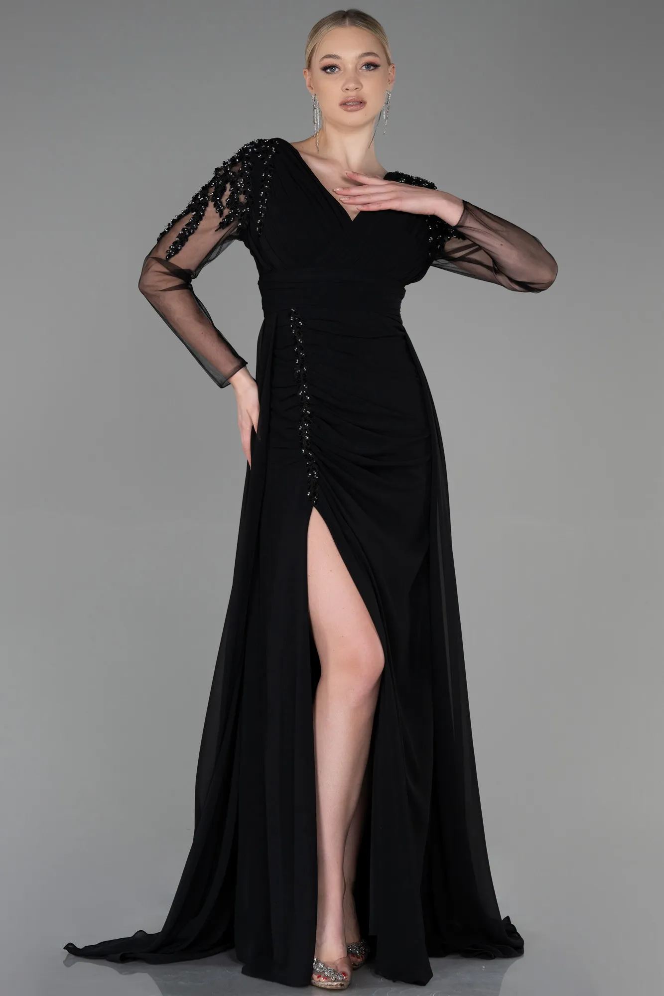 Black-Long Satin Evening Dress ABU3314