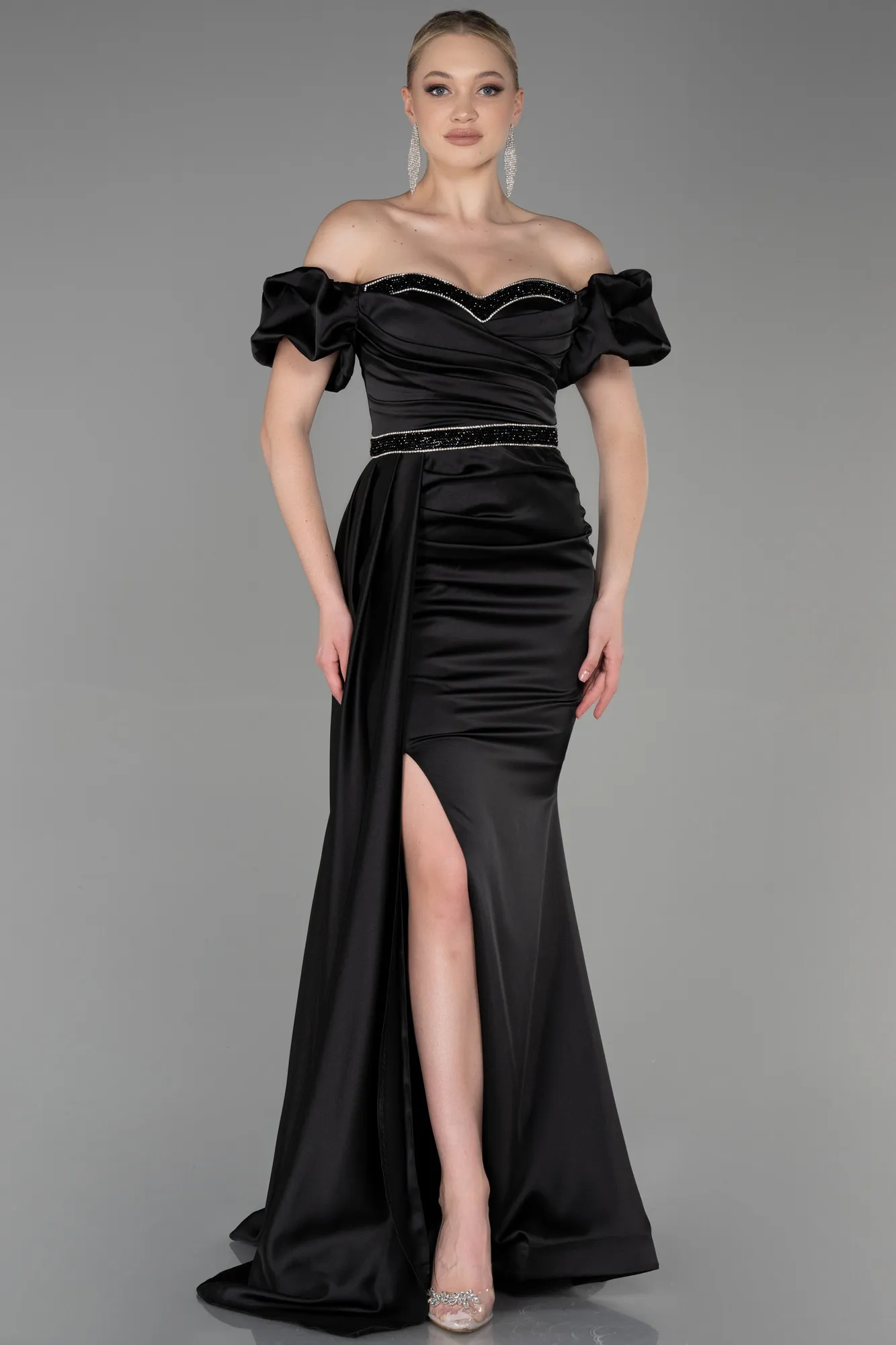 Black-Long Satin Evening Dress ABU3331