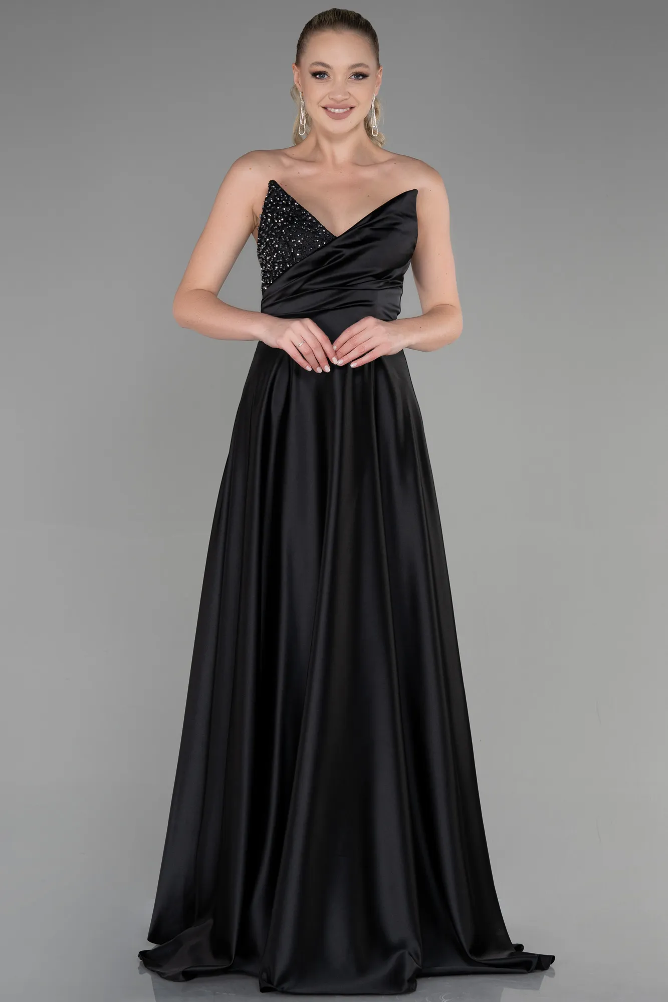 Black-Long Satin Evening Dress ABU3385