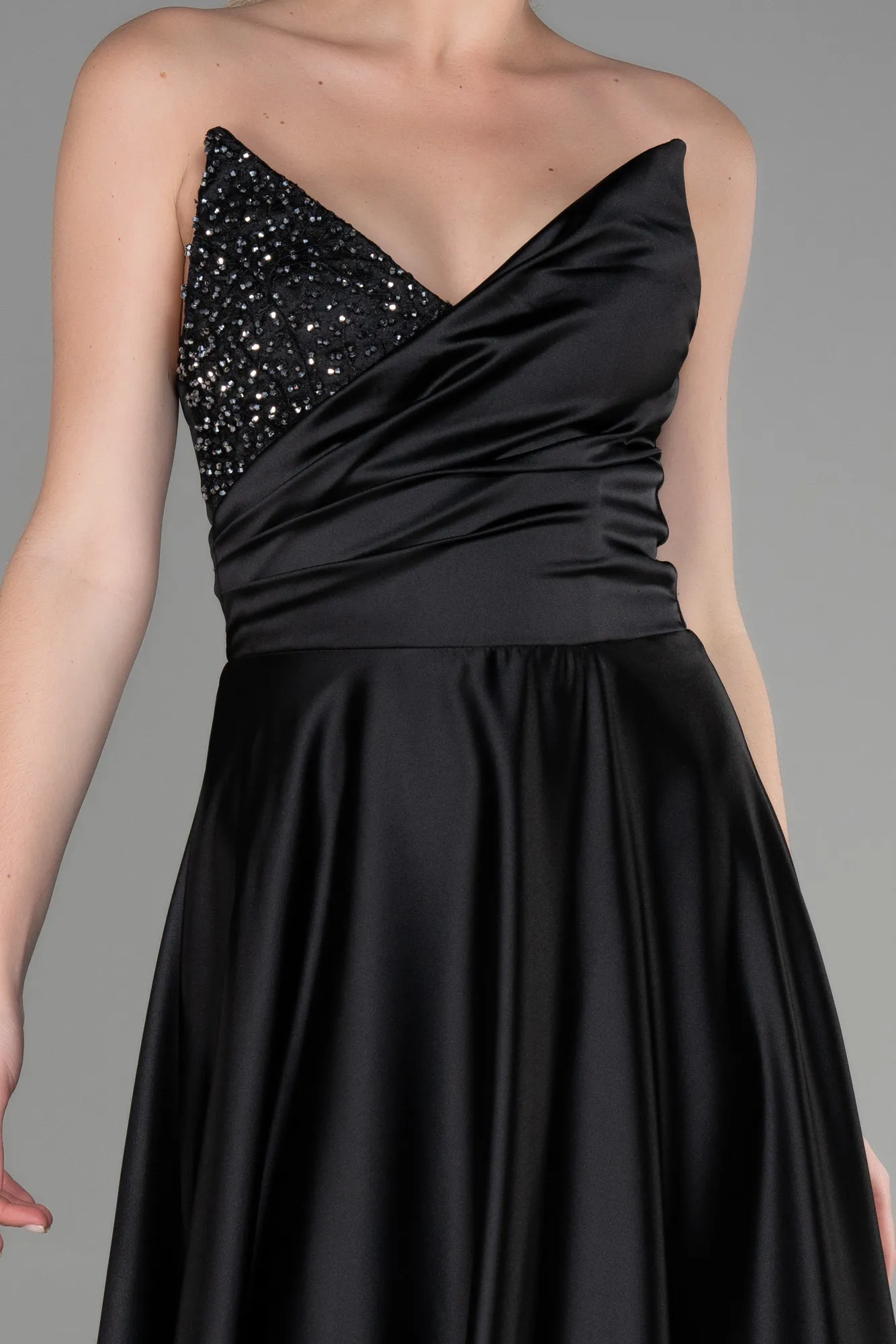 Black-Long Satin Evening Dress ABU3385