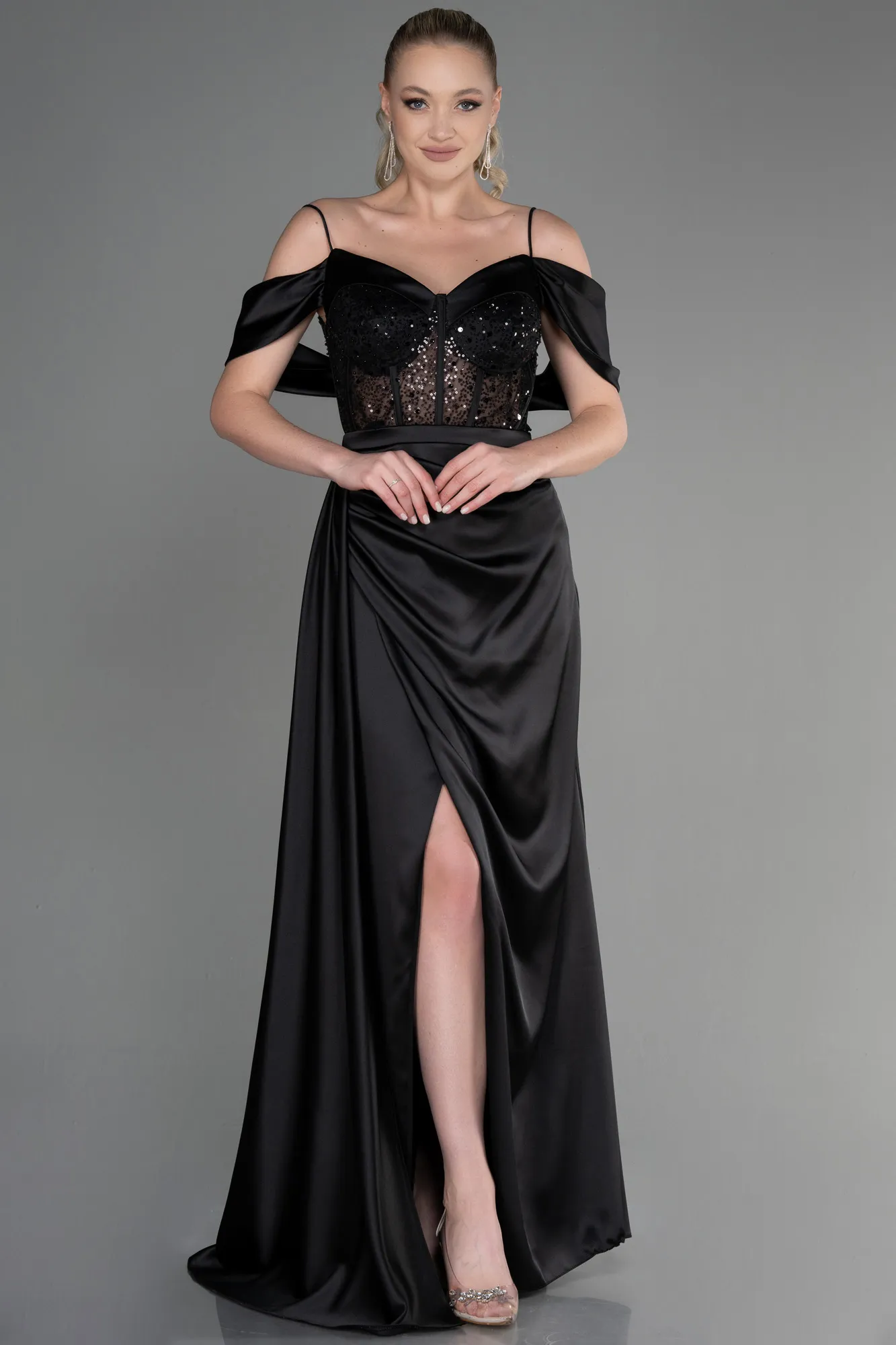 Black-Long Satin Evening Dress ABU3391