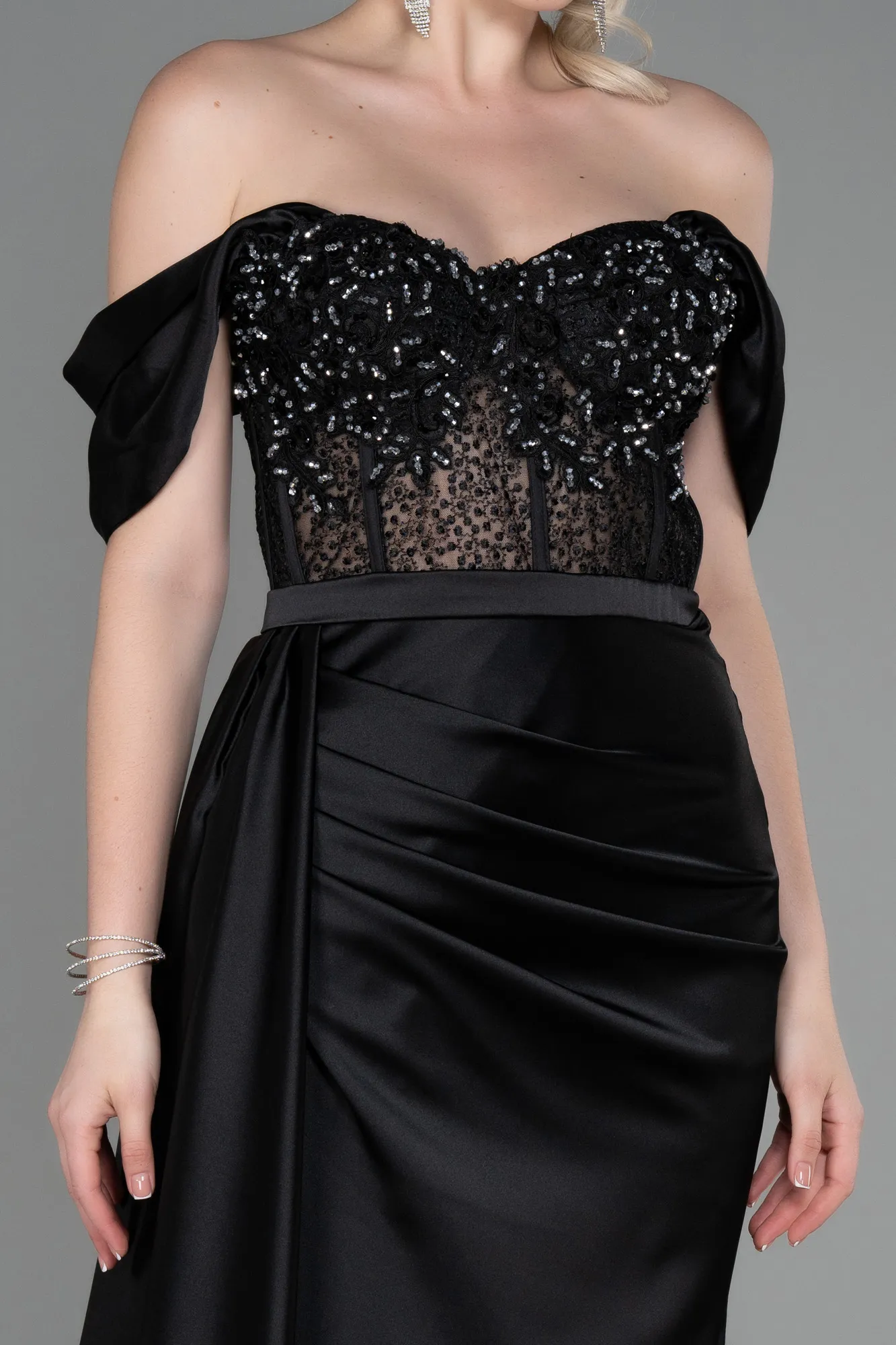 Black-Long Satin Evening Dress ABU3446