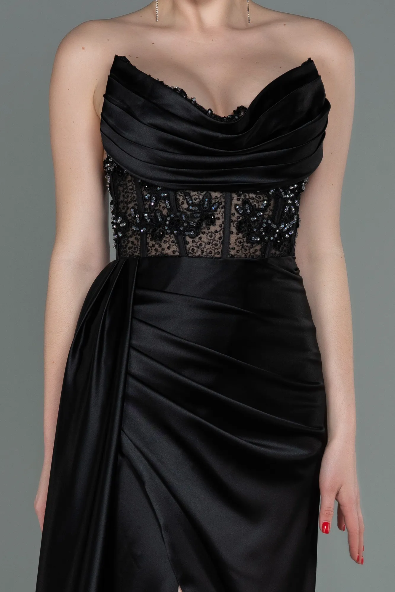 Black-Long Satin Evening Dress ABU3447