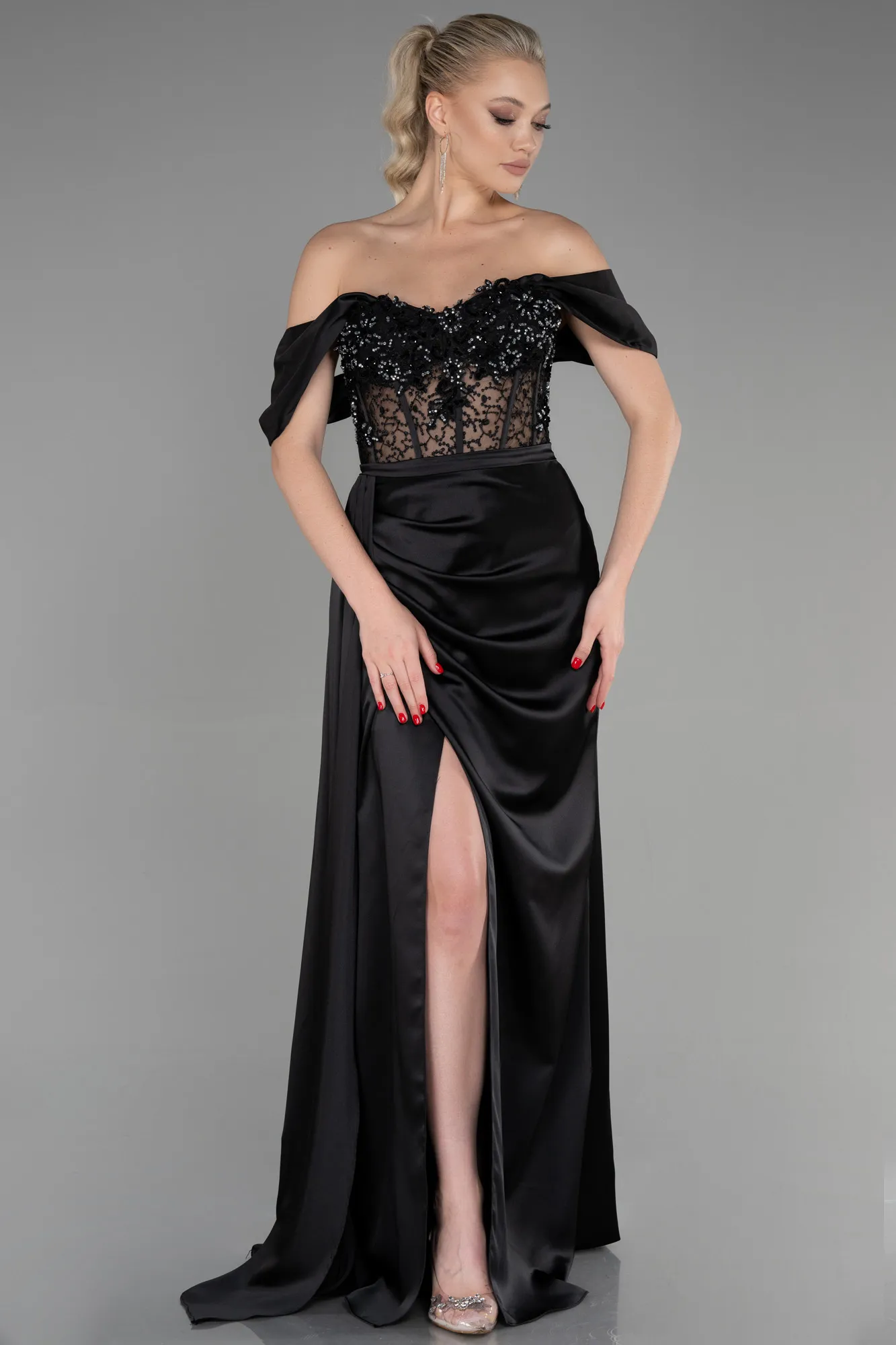 Black-Long Satin Evening Dress ABU3454