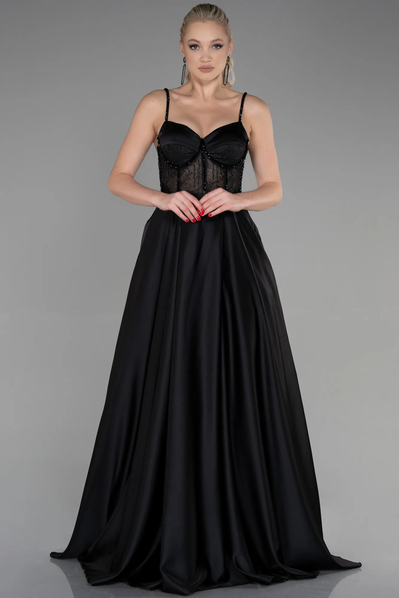Black-Long Satin Evening Dress ABU3455