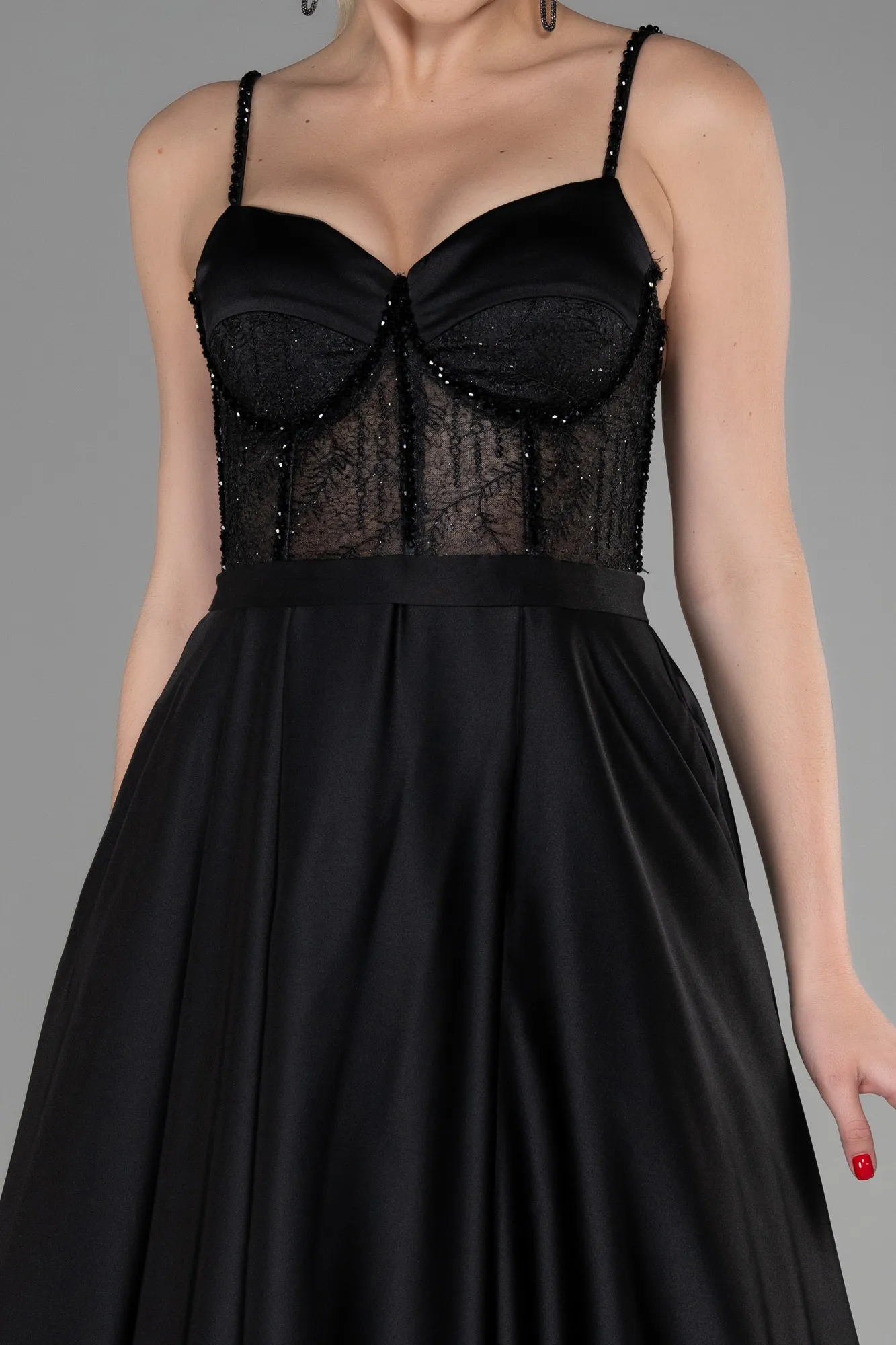 Black-Long Satin Evening Dress ABU3455