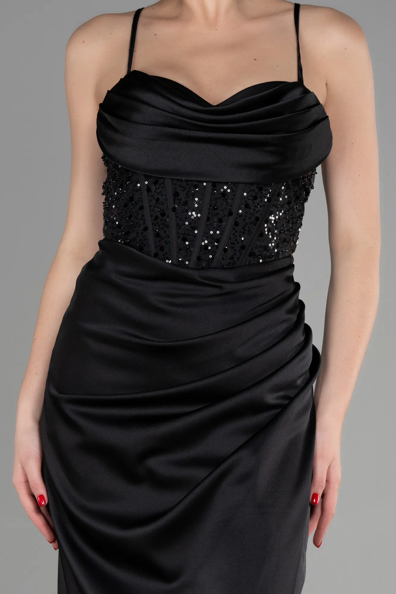 Black-Long Satin Evening Dress ABU3459