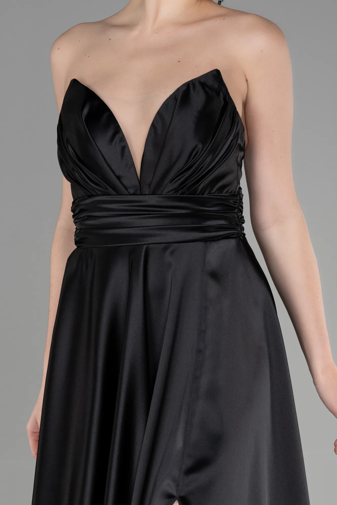 Black-Long Satin Evening Dress ABU3502