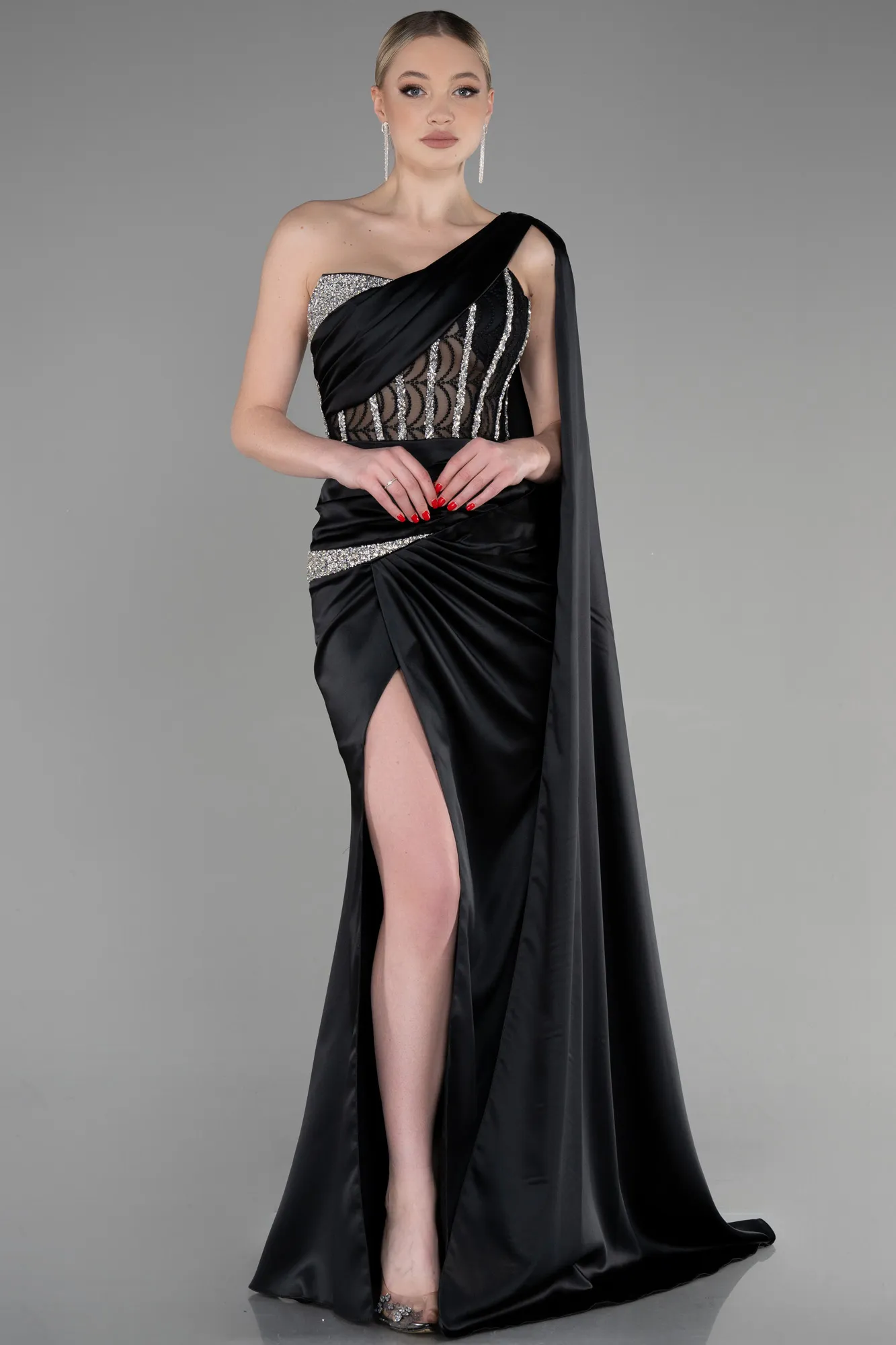 Black-Long Satin Evening Dress ABU3603