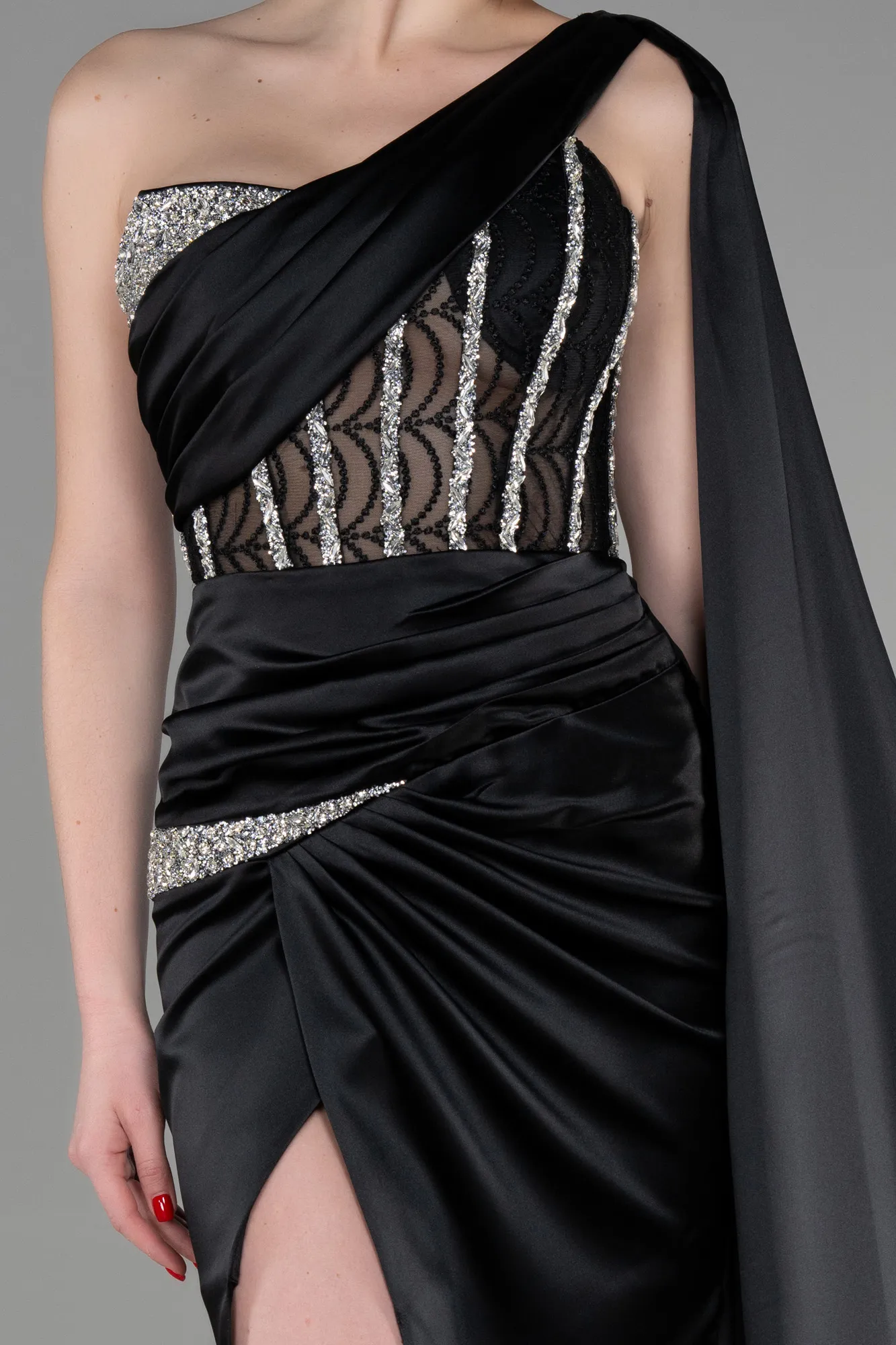 Black-Long Satin Evening Dress ABU3603