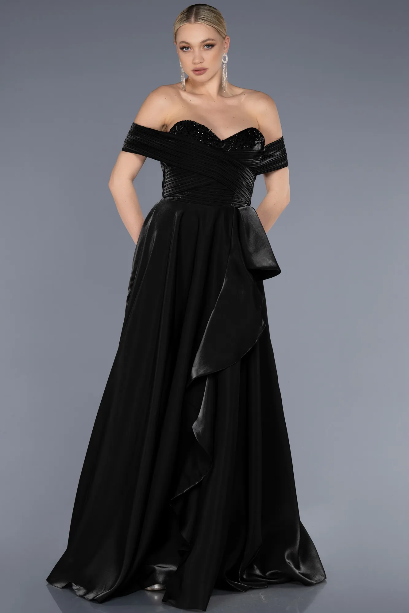 Black-Long Satin Evening Dress ABU3701