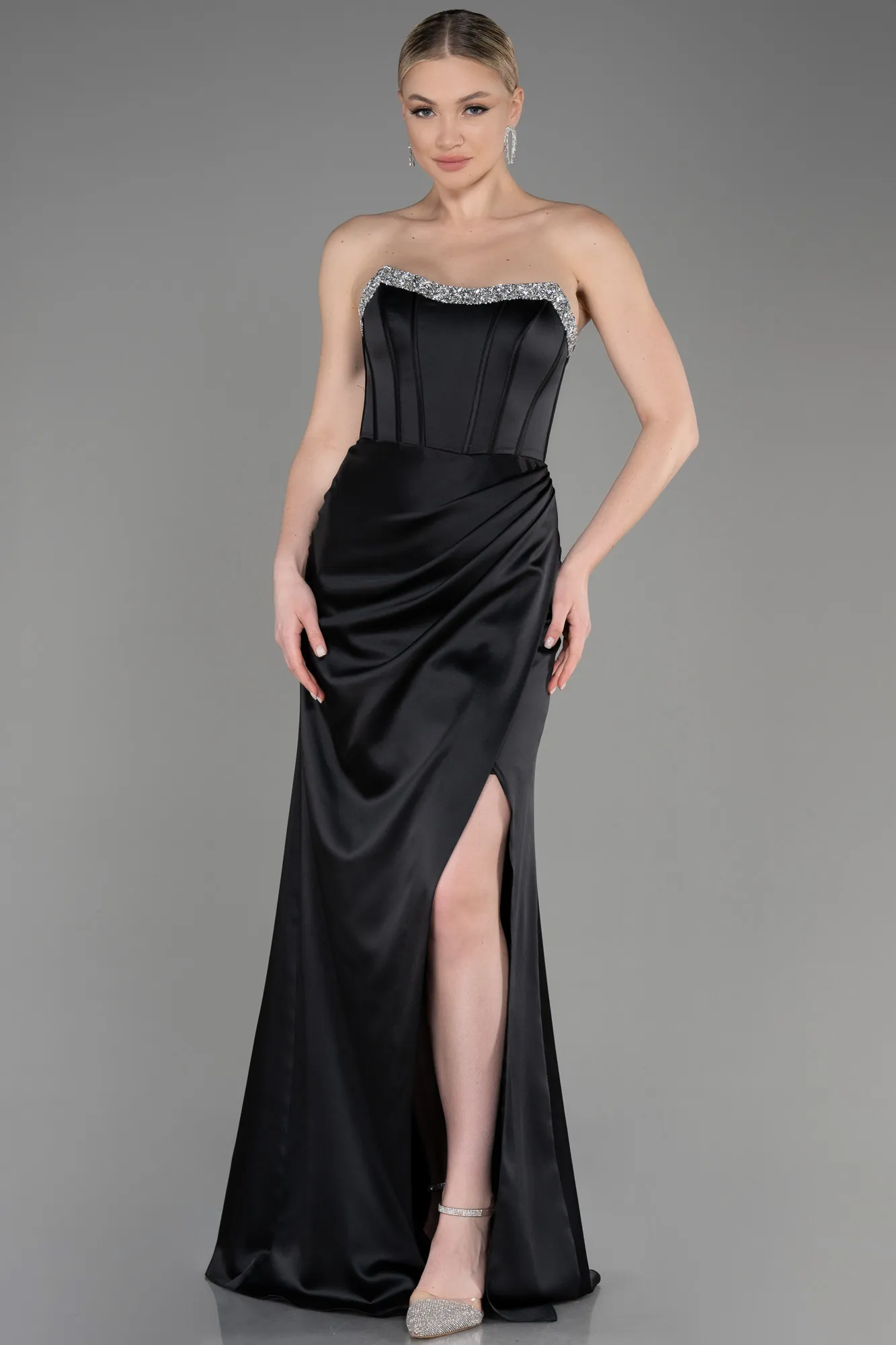 Black-Long Satin Evening Dress ABU3706