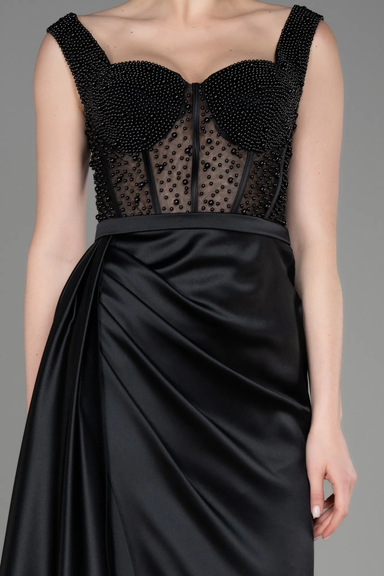 Black-Long Satin Evening Dress ABU3877