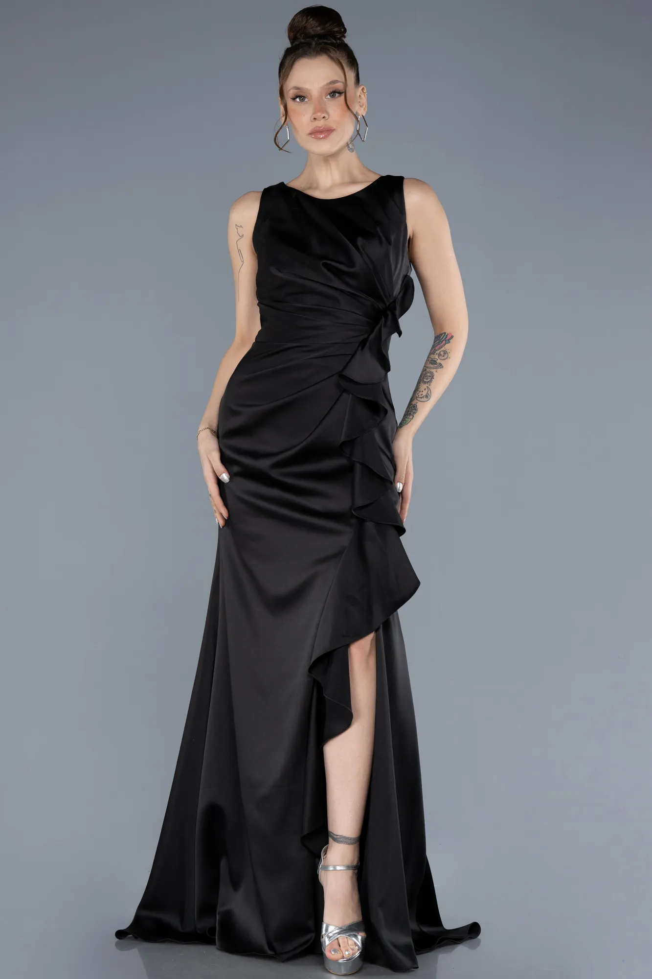 Black-Long Satin Evening Dress ABU4624