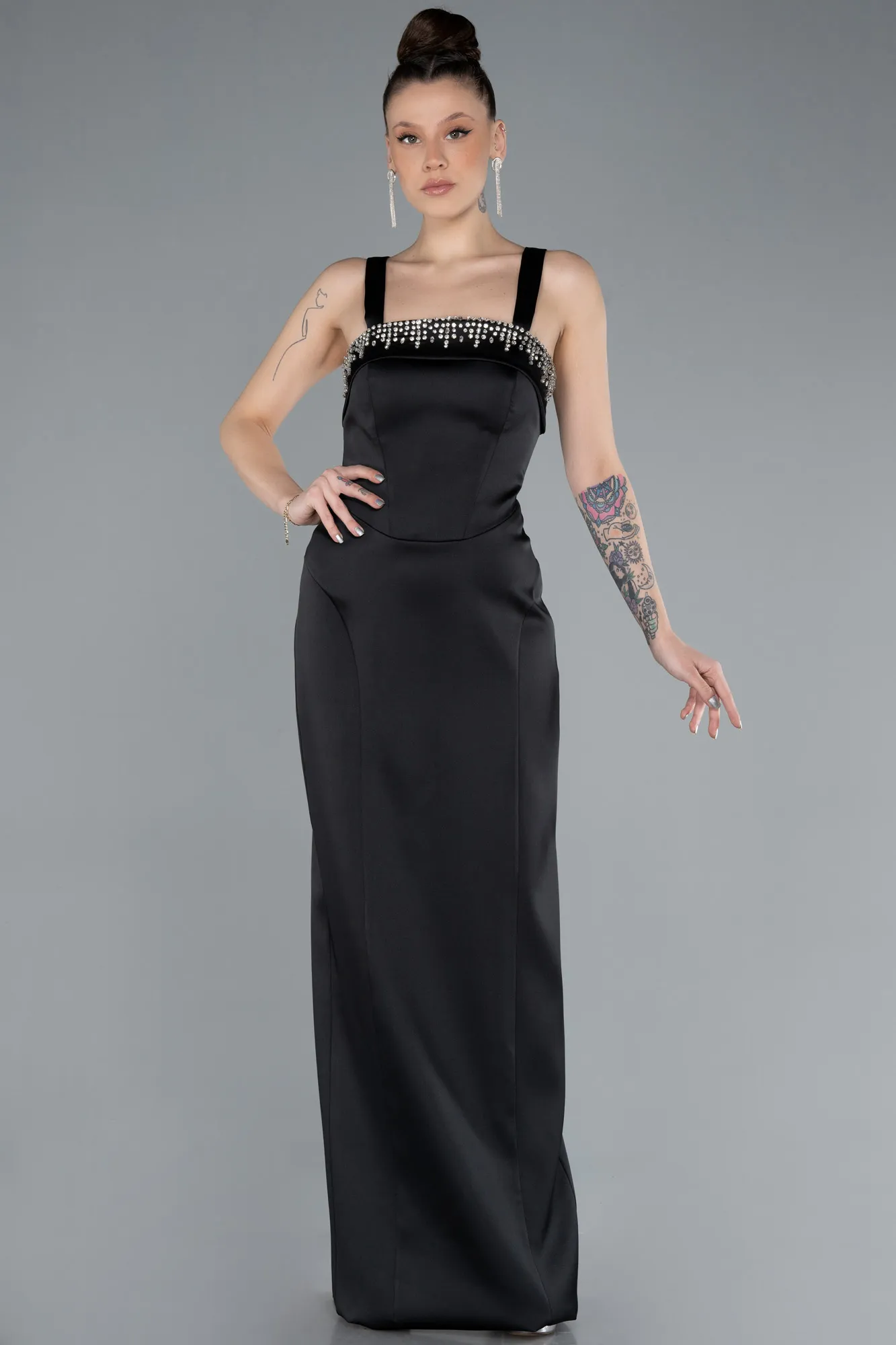 Black-Long Satin Evening Dress ABU4660