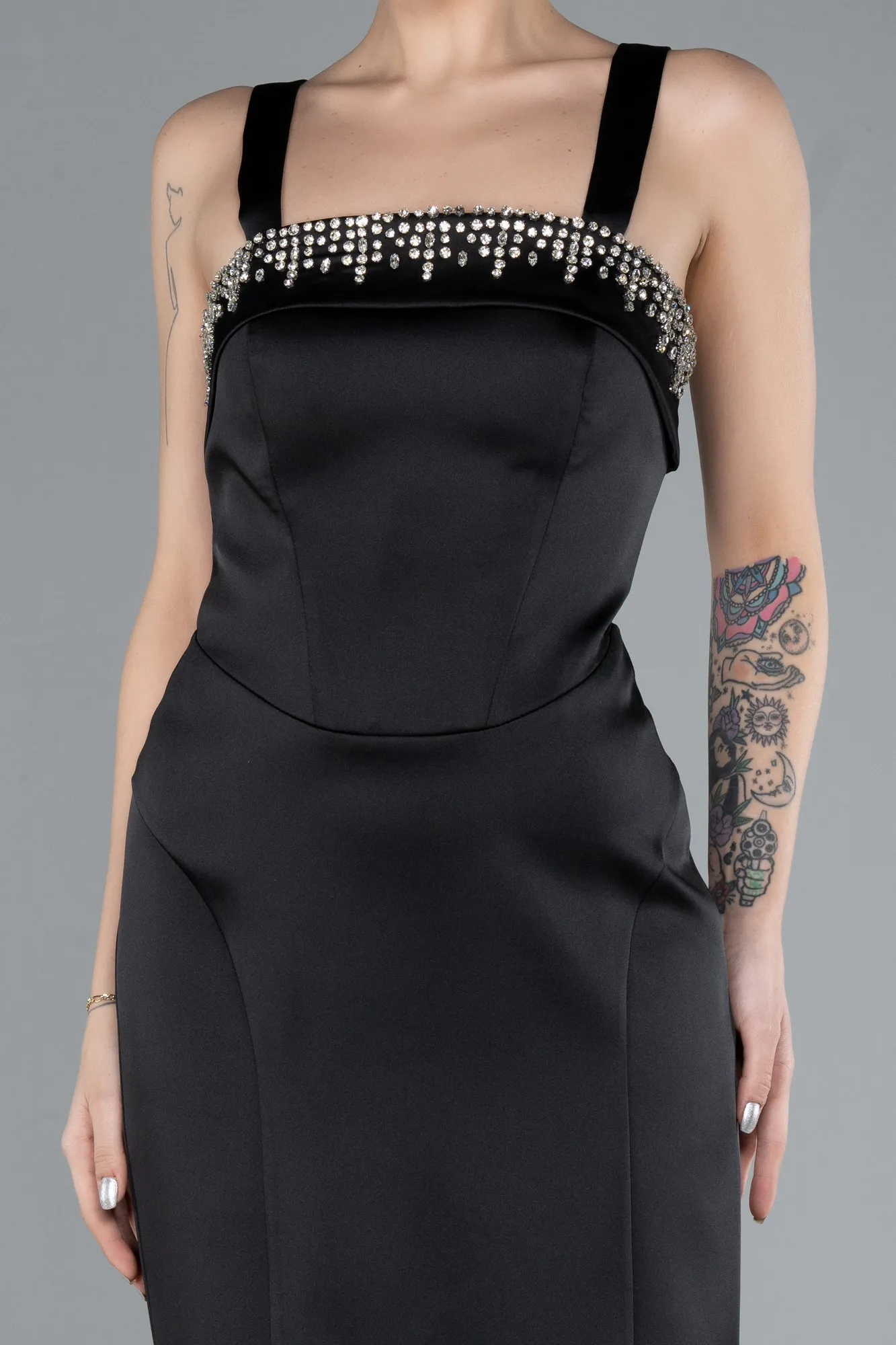 Black-Long Satin Evening Dress ABU4660