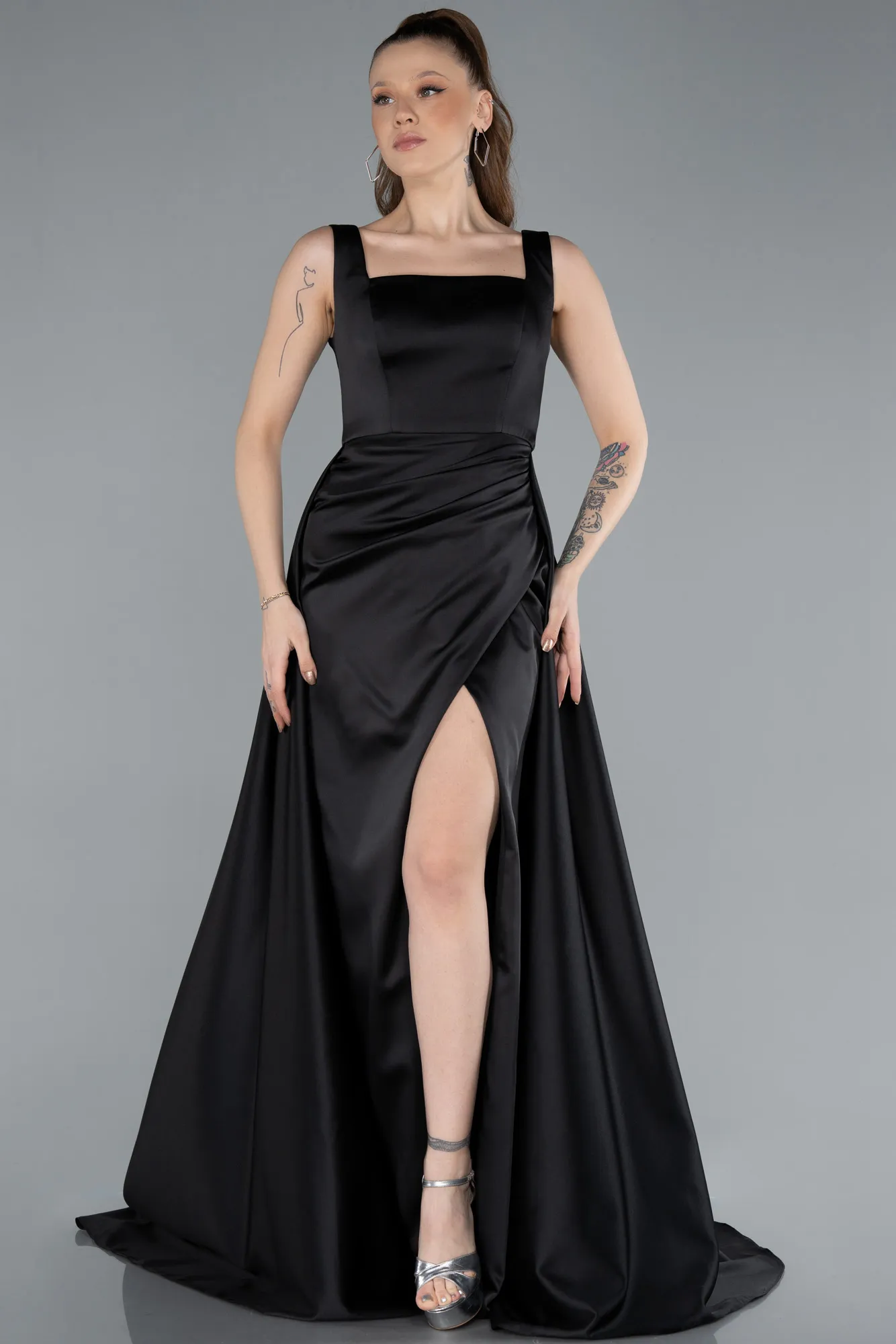 Black-Long Satin Evening Dress ABU4715