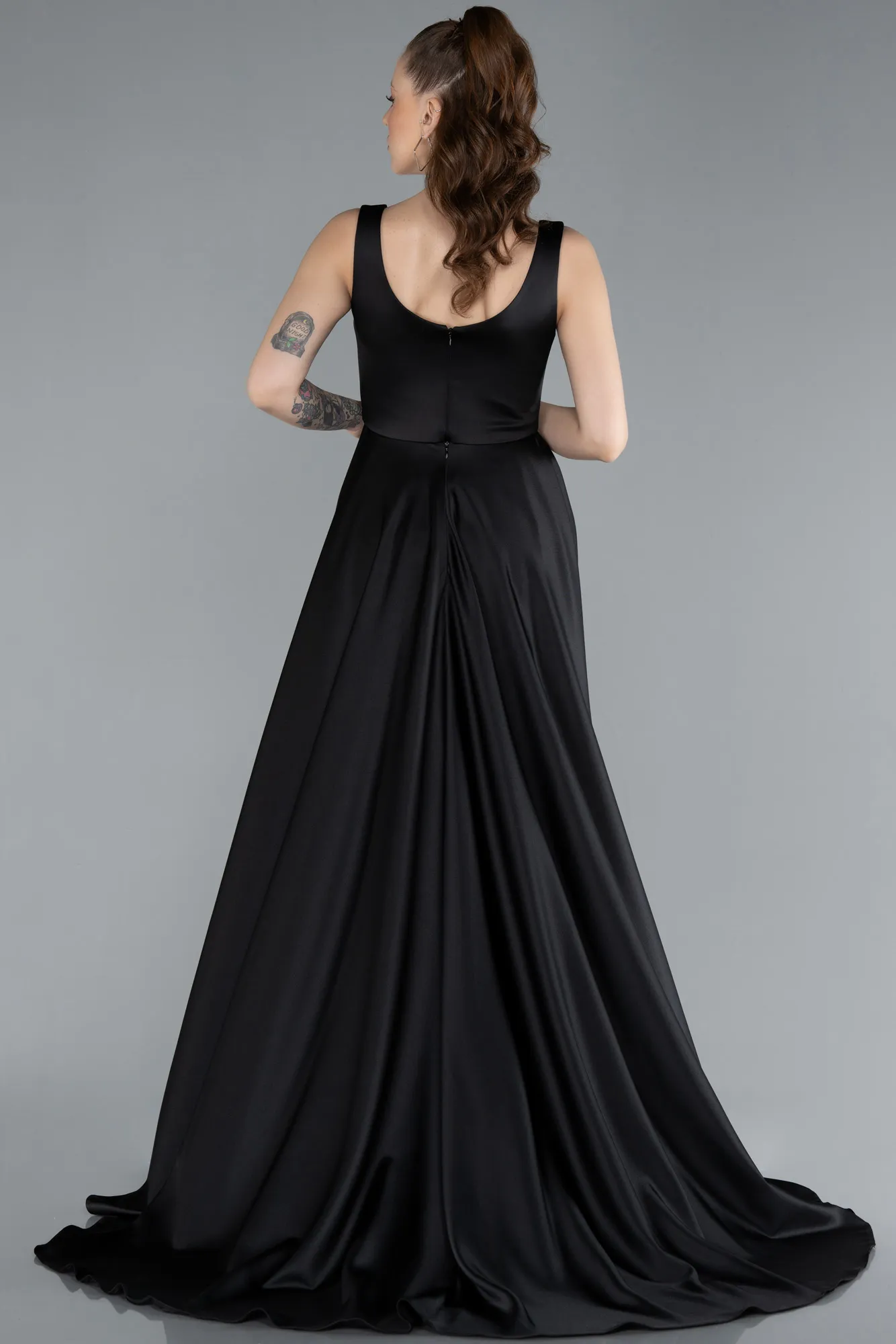 Black-Long Satin Evening Dress ABU4715