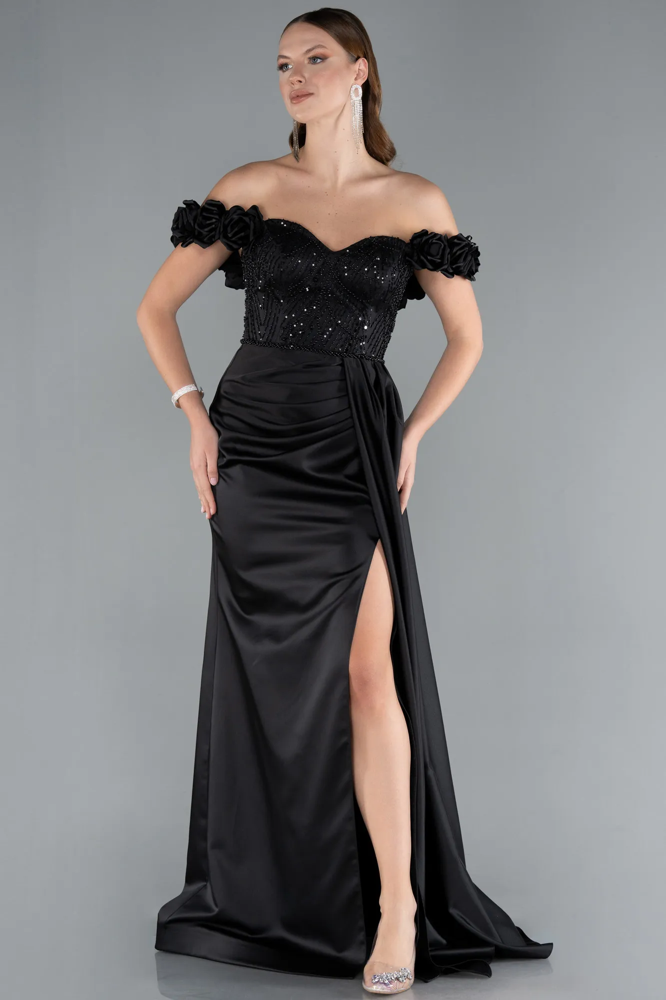 Black-Long Satin Evening Dress ABU4895