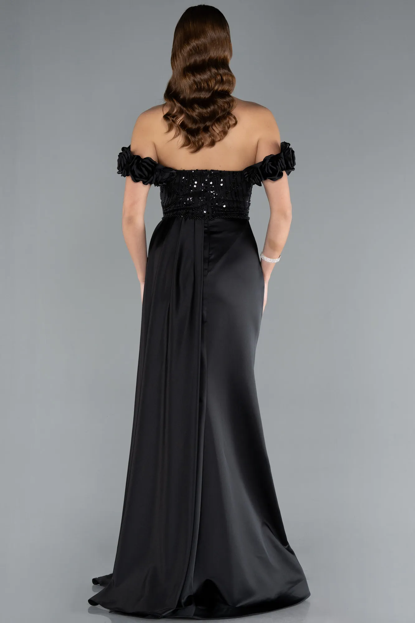 Black-Long Satin Evening Dress ABU4895