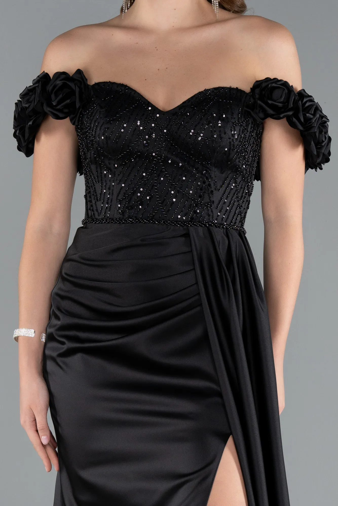 Black-Long Satin Evening Dress ABU4895