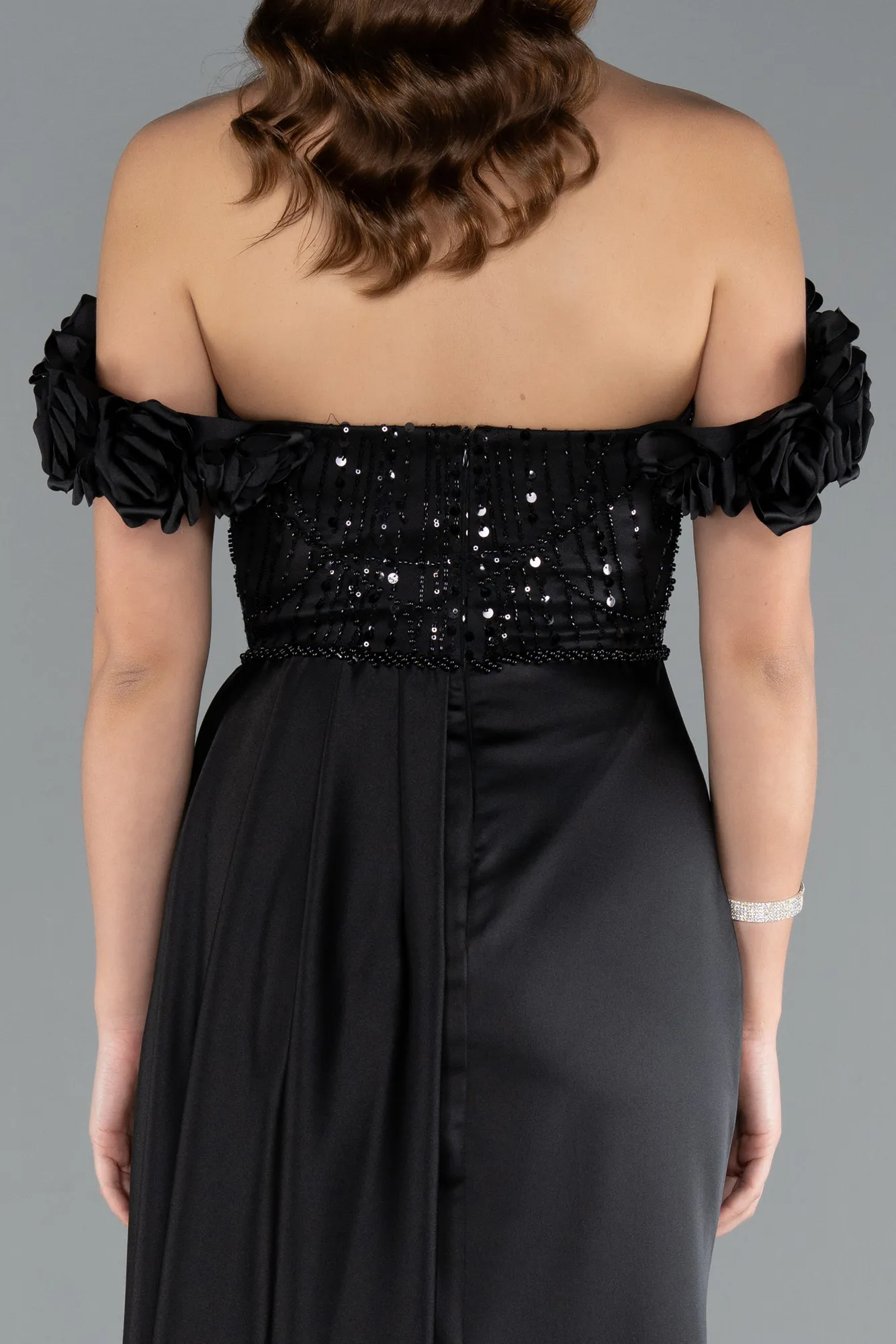 Black-Long Satin Evening Dress ABU4895