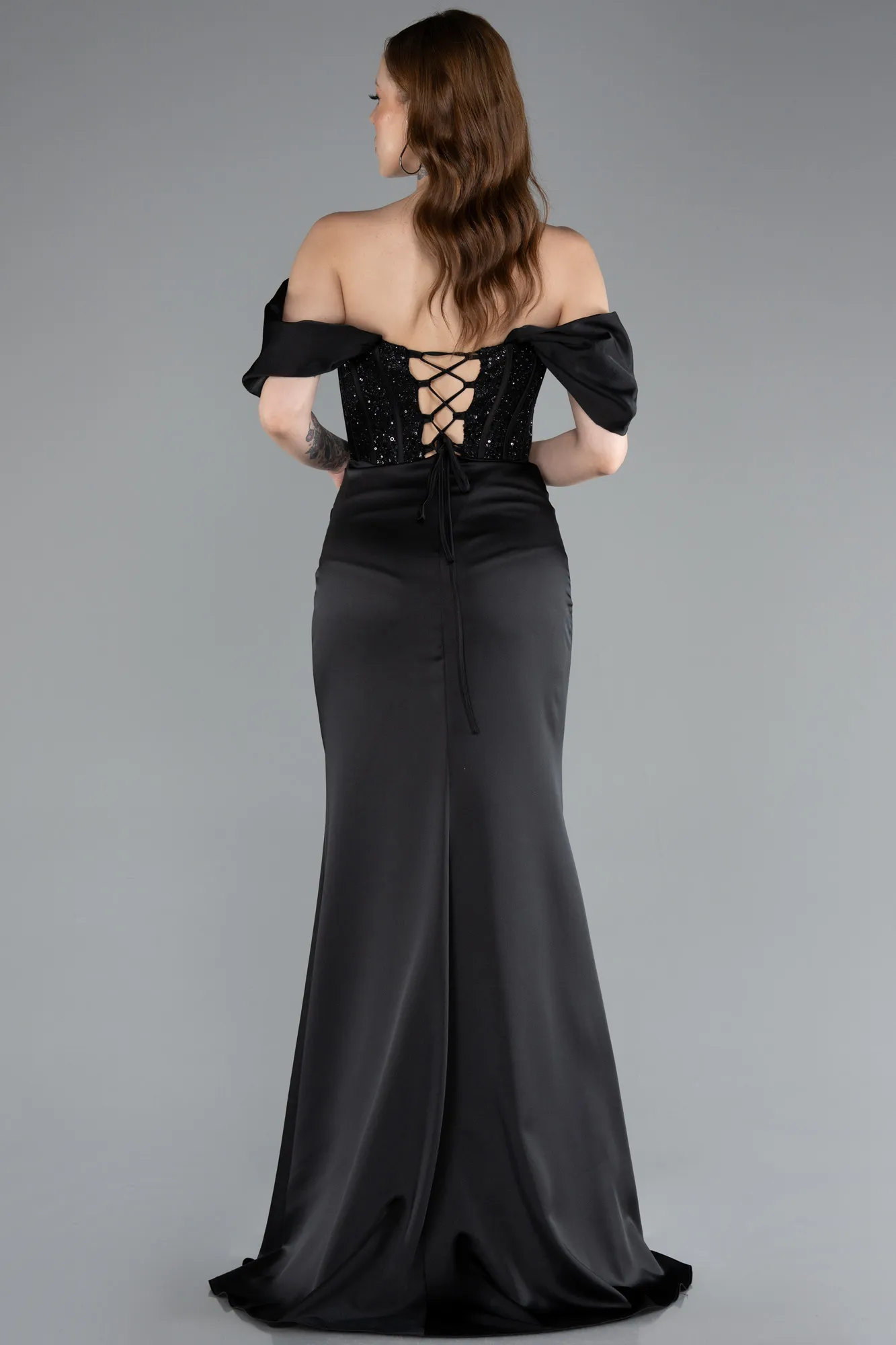 Black-Long Satin Evening Dress ABU4974