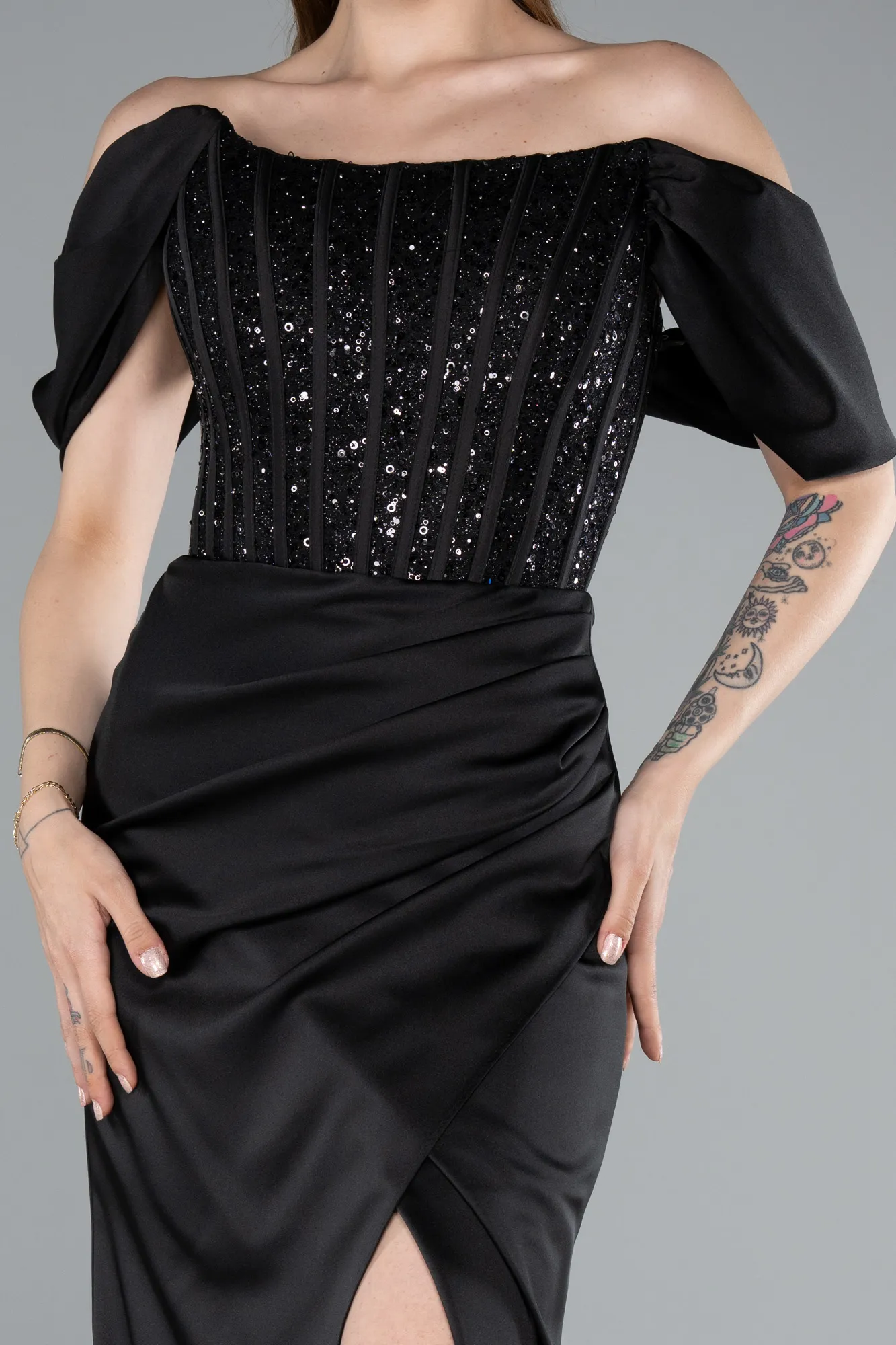 Black-Long Satin Evening Dress ABU4974