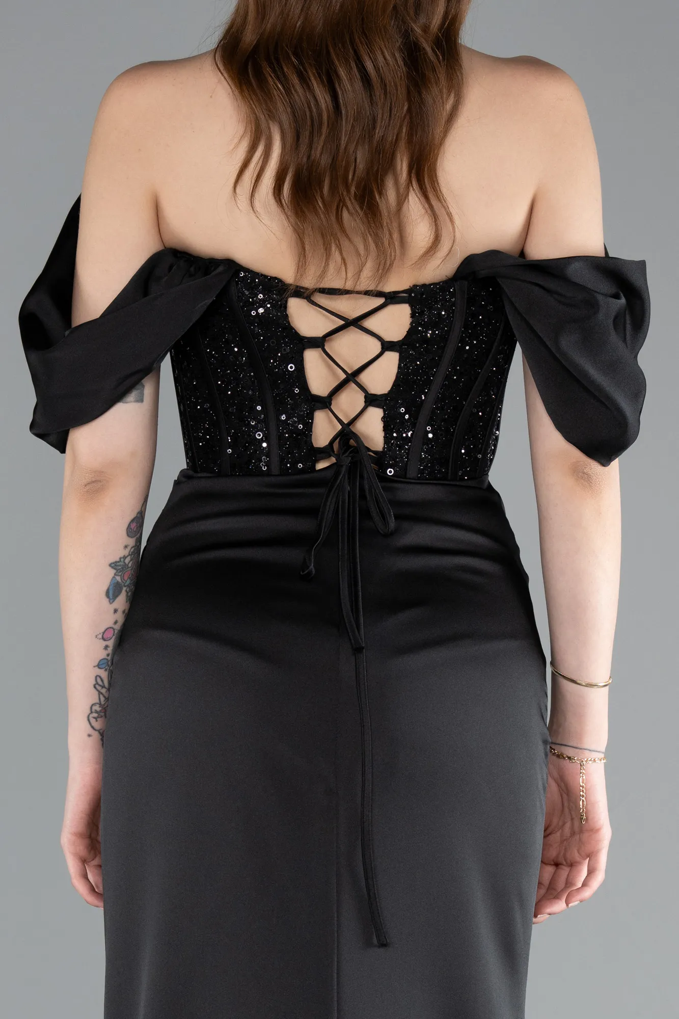 Black-Long Satin Evening Dress ABU4974